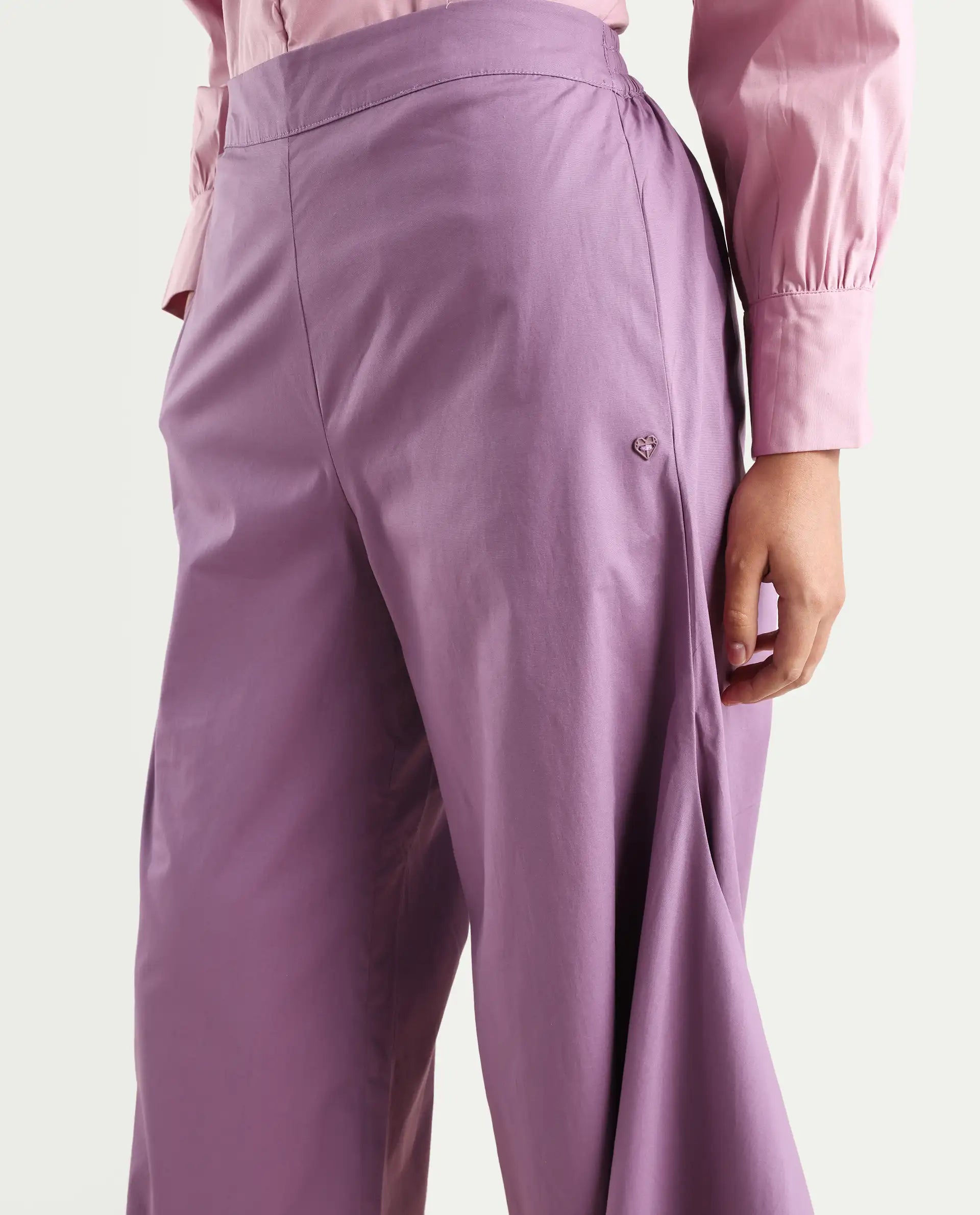 Rareism Women's Filom Dusky Purple Cotton Blend Plain Ankle Length Flared Trouser