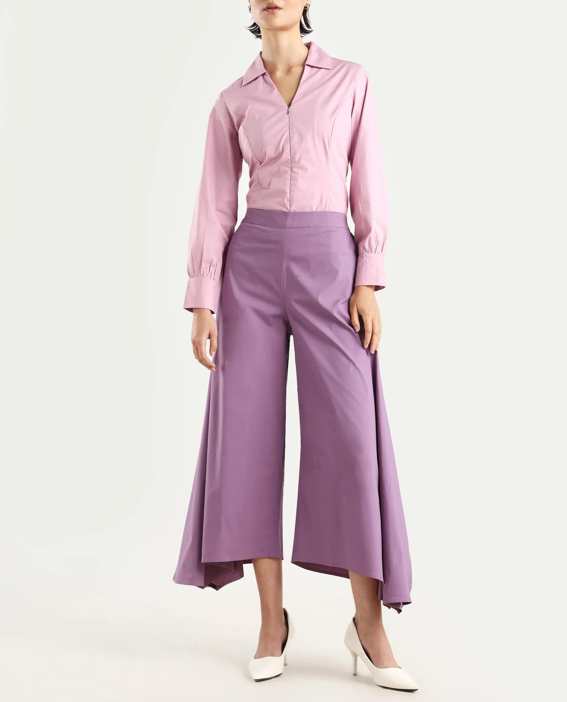 Rareism Women's Filom Dusky Purple Cotton Blend Plain Ankle Length Flared Trouser
