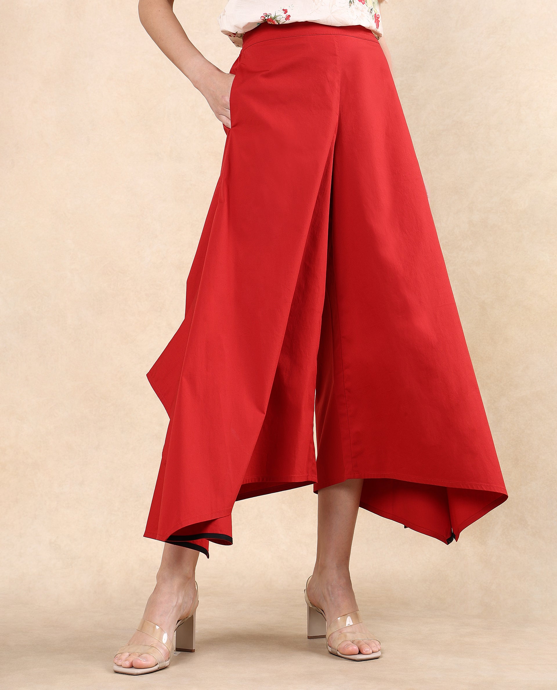 Rareism Women Filom Red Cotton Blend Fabric Flared Ankle Length Plain Trouser