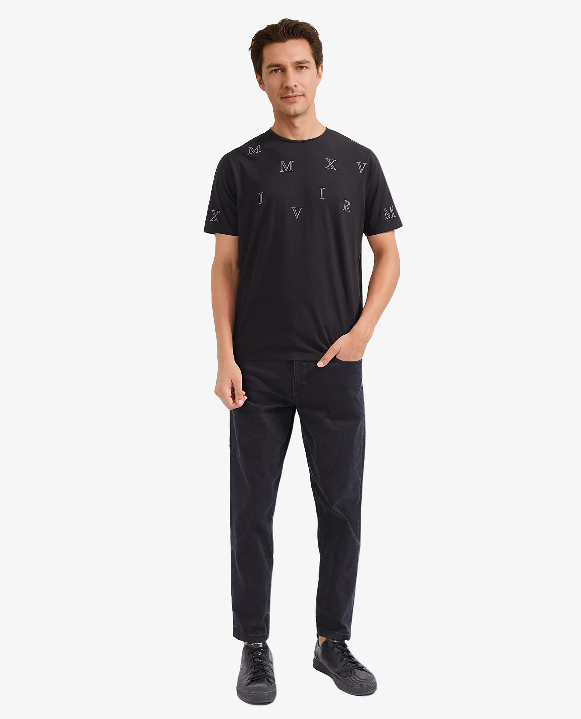 Rare Rabbit Men Fin Black Short Sleeves Crew Neck HD Print T-Shirt