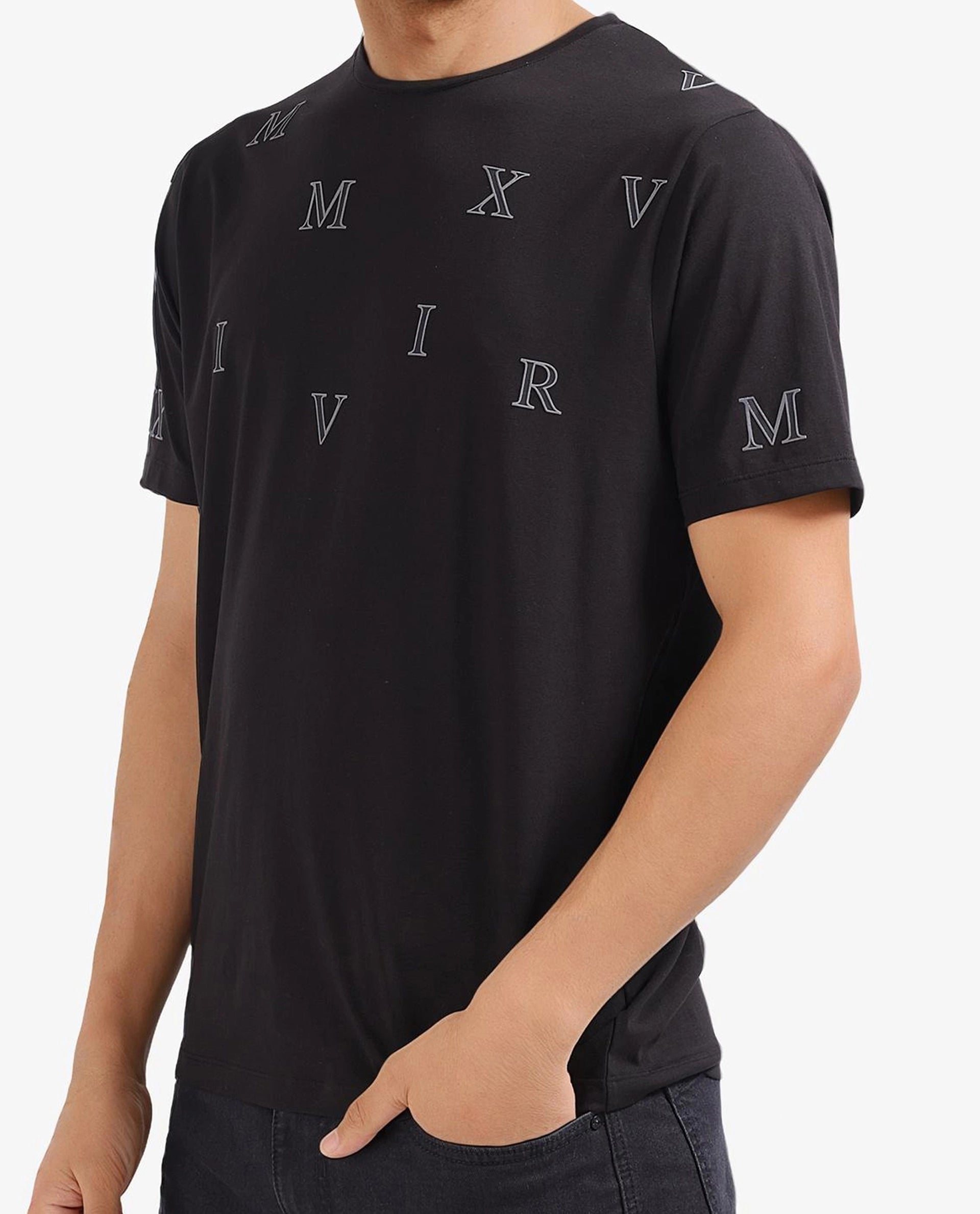 Rare Rabbit Men Fin Black Short Sleeves Crew Neck HD Print T-Shirt