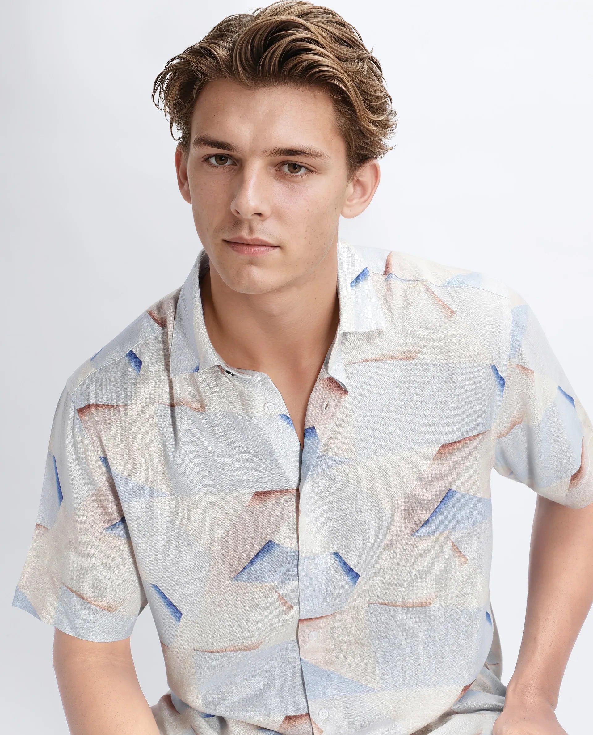 Rare Rabbit Men's Fing Beige Cotton Abstract Print Regular Fit Half Sleeve Collared Shirt