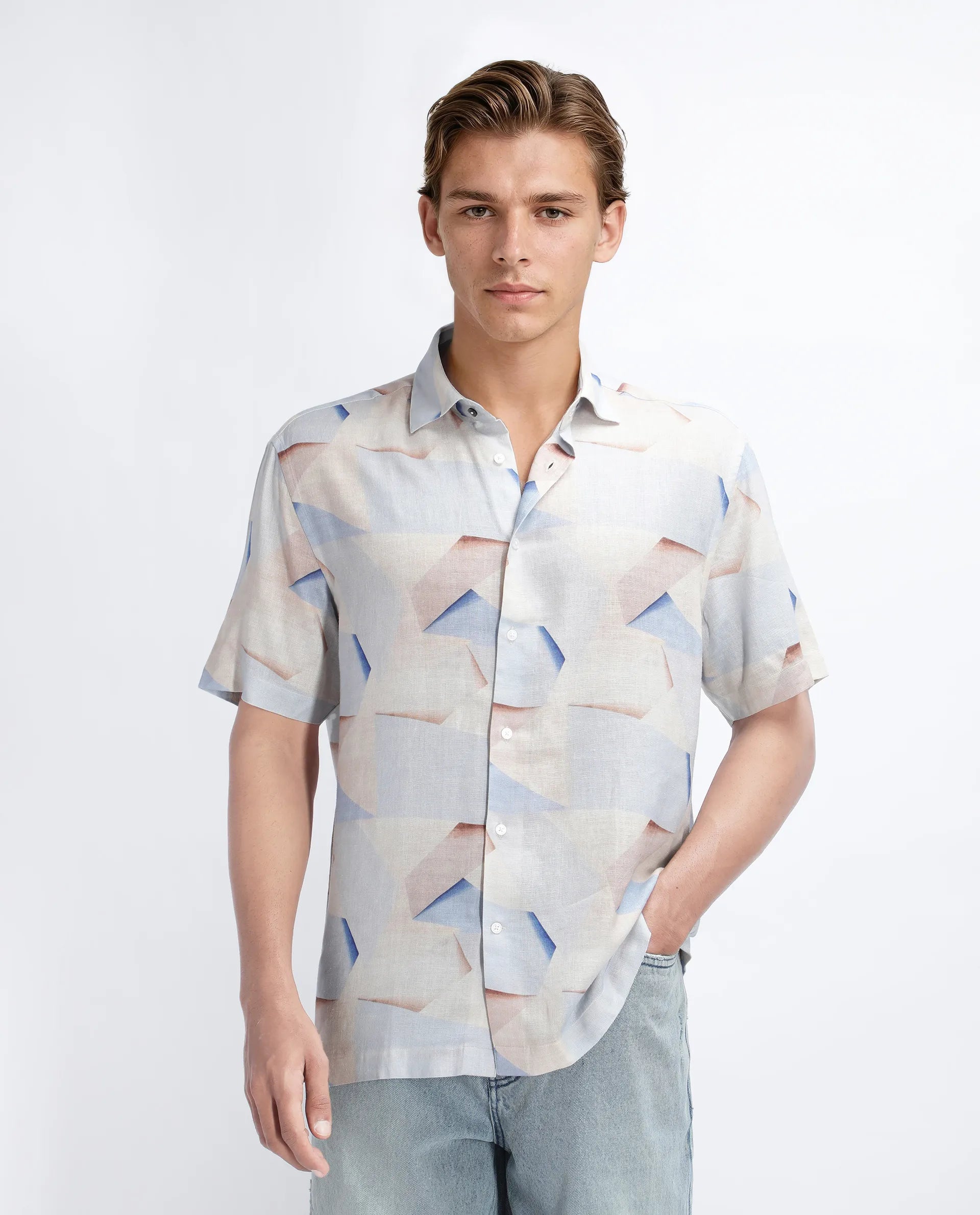 Rare Rabbit Men's Fing Beige Cotton Abstract Print Regular Fit Half Sleeve Collared Shirt