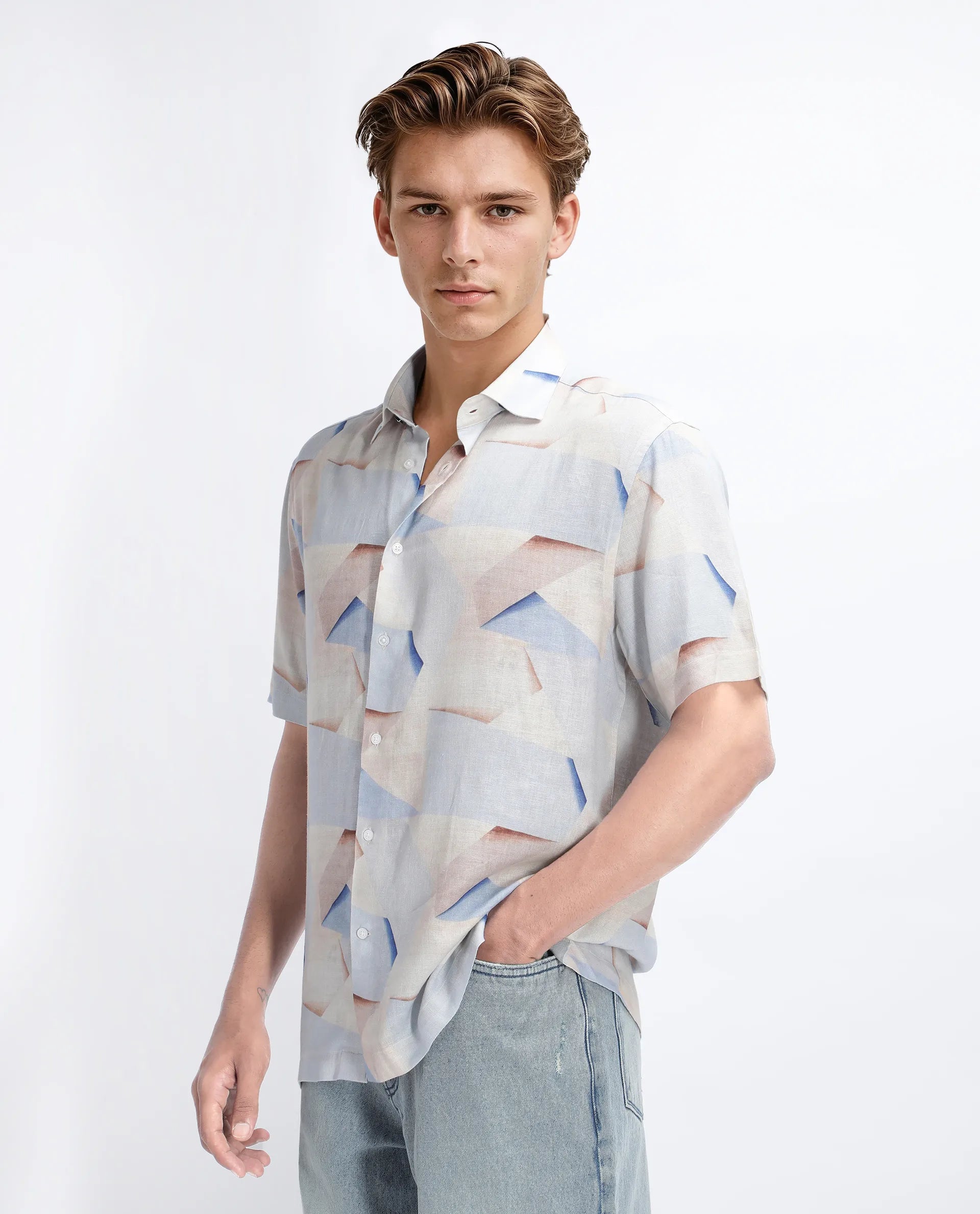 Rare Rabbit Men's Fing Beige Cotton Abstract Print Regular Fit Half Sleeve Collared Shirt