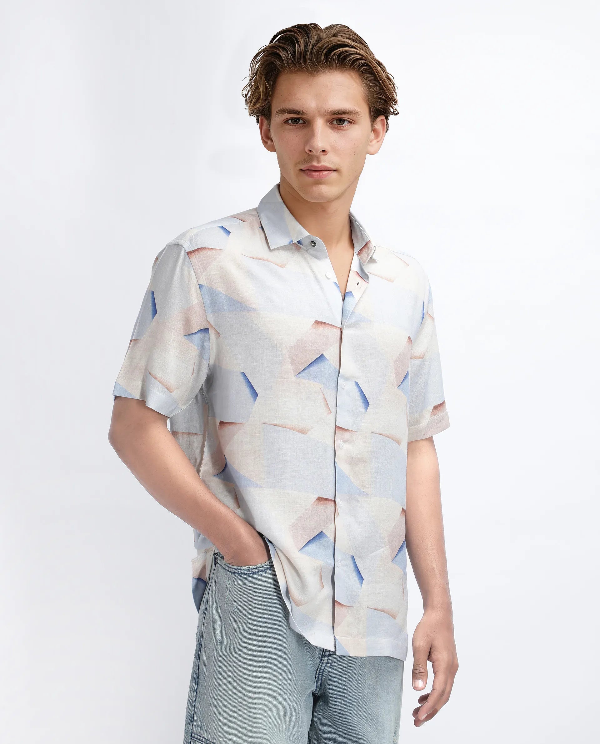 Rare Rabbit Men's Fing Beige Cotton Abstract Print Regular Fit Half Sleeve Collared Shirt