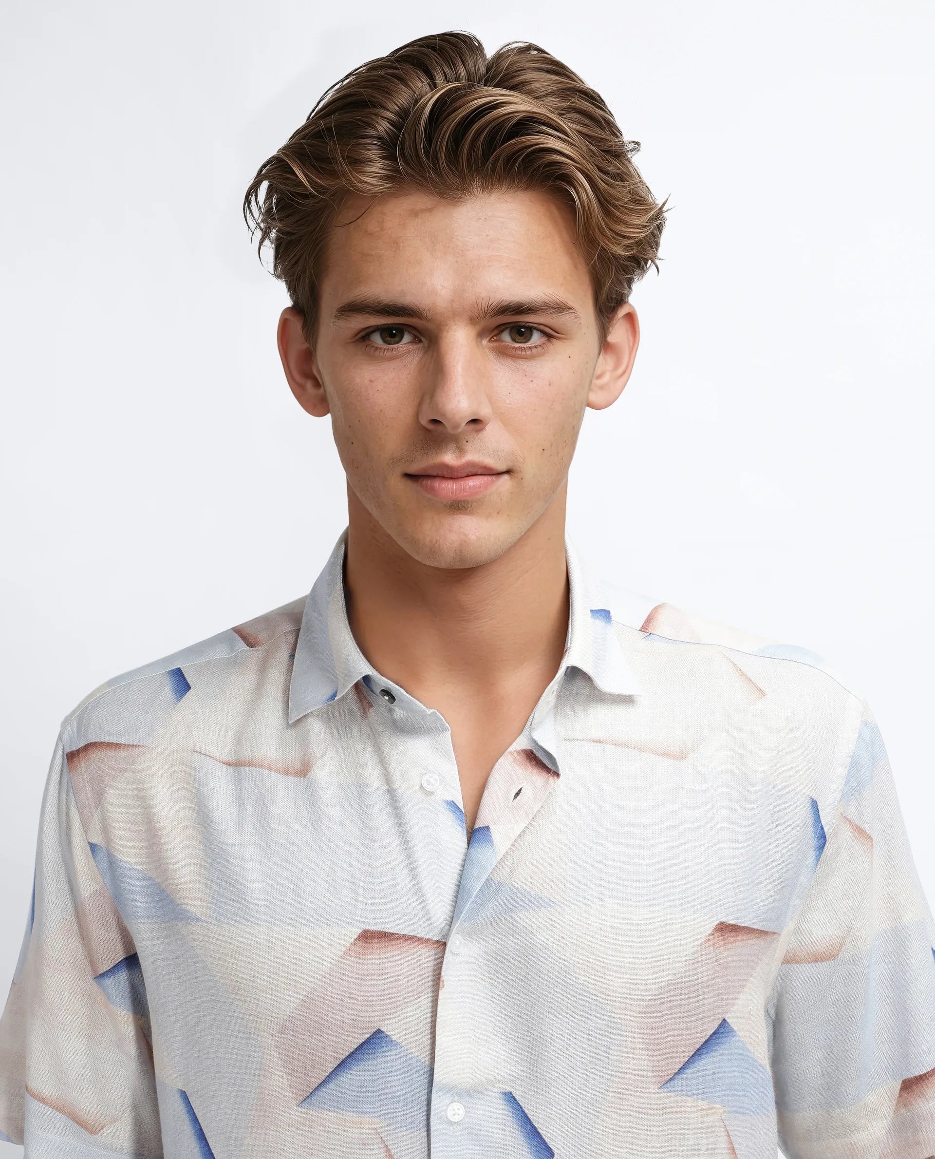 Rare Rabbit Men's Fing Beige Cotton Abstract Print Regular Fit Half Sleeve Collared Shirt