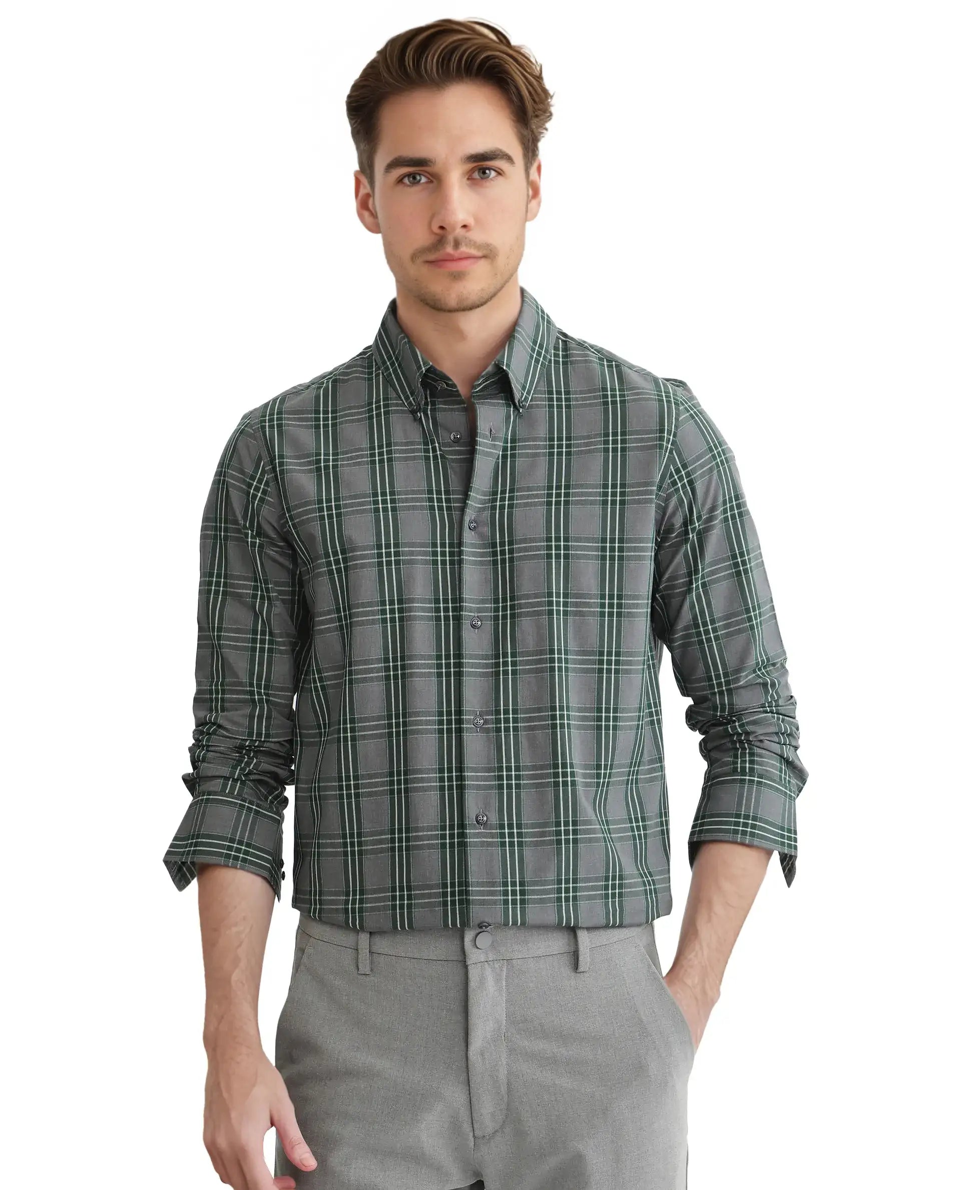 Rare Rabbit Men's Finster Green Cotton Checked Print Regular Fit Full Sleeve Button-Down Collar Shirt