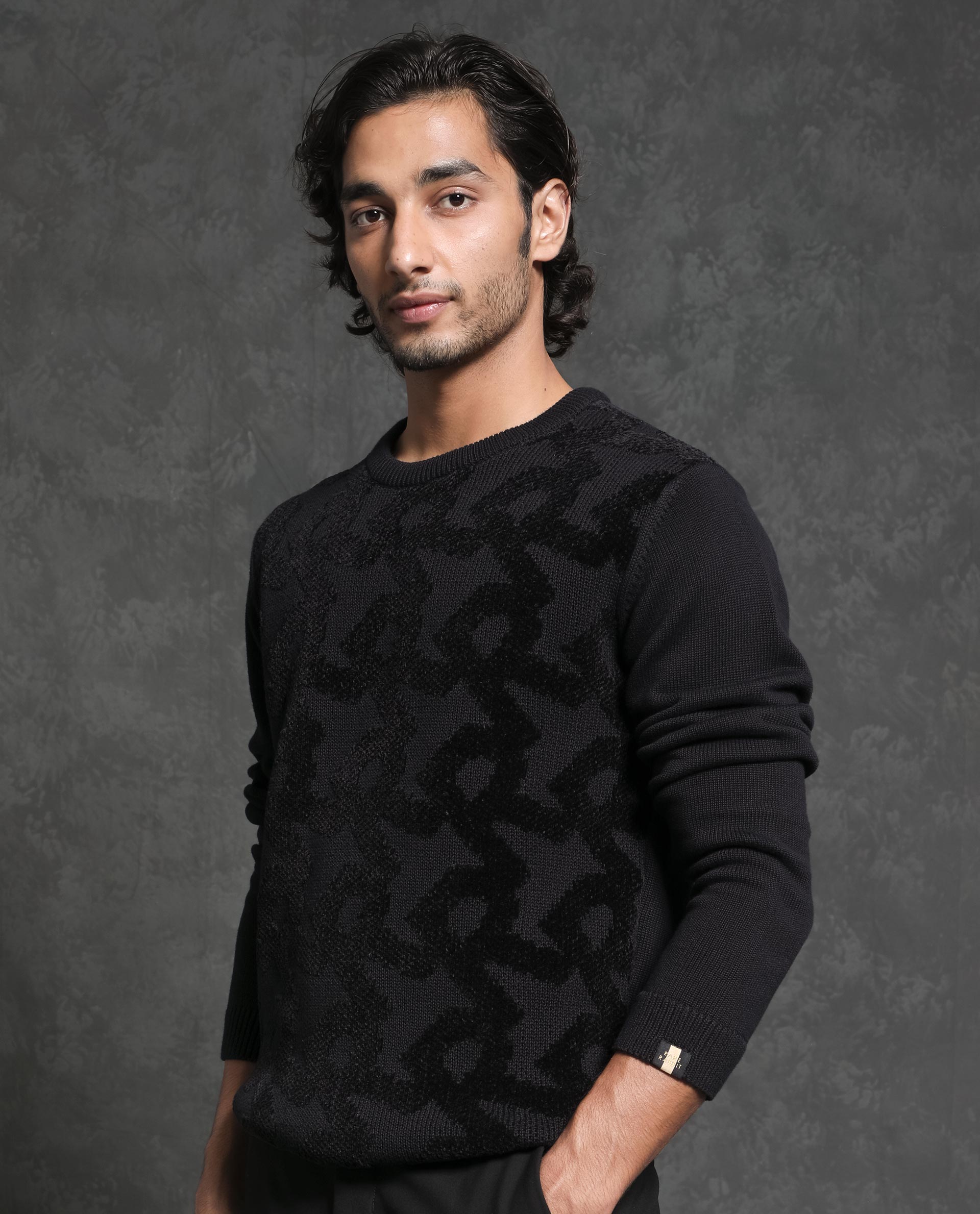 Rare Rabbit Mens Fink Black Cotton Polyester Fabric Crew Neck Relaxed Fit Monogram Jacquard Sweater