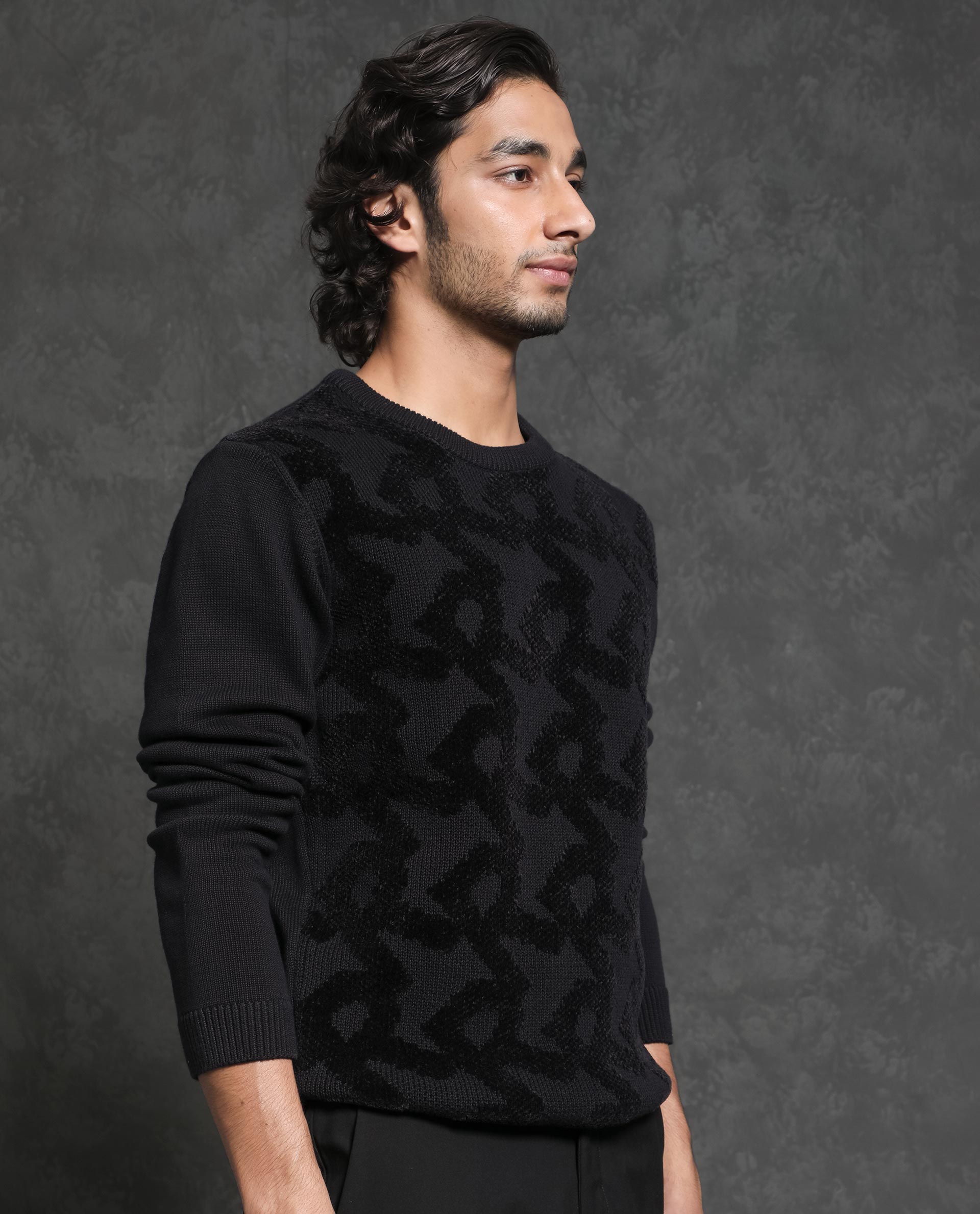 Rare Rabbit Mens Fink Black Cotton Polyester Fabric Crew Neck Relaxed Fit Monogram Jacquard Sweater