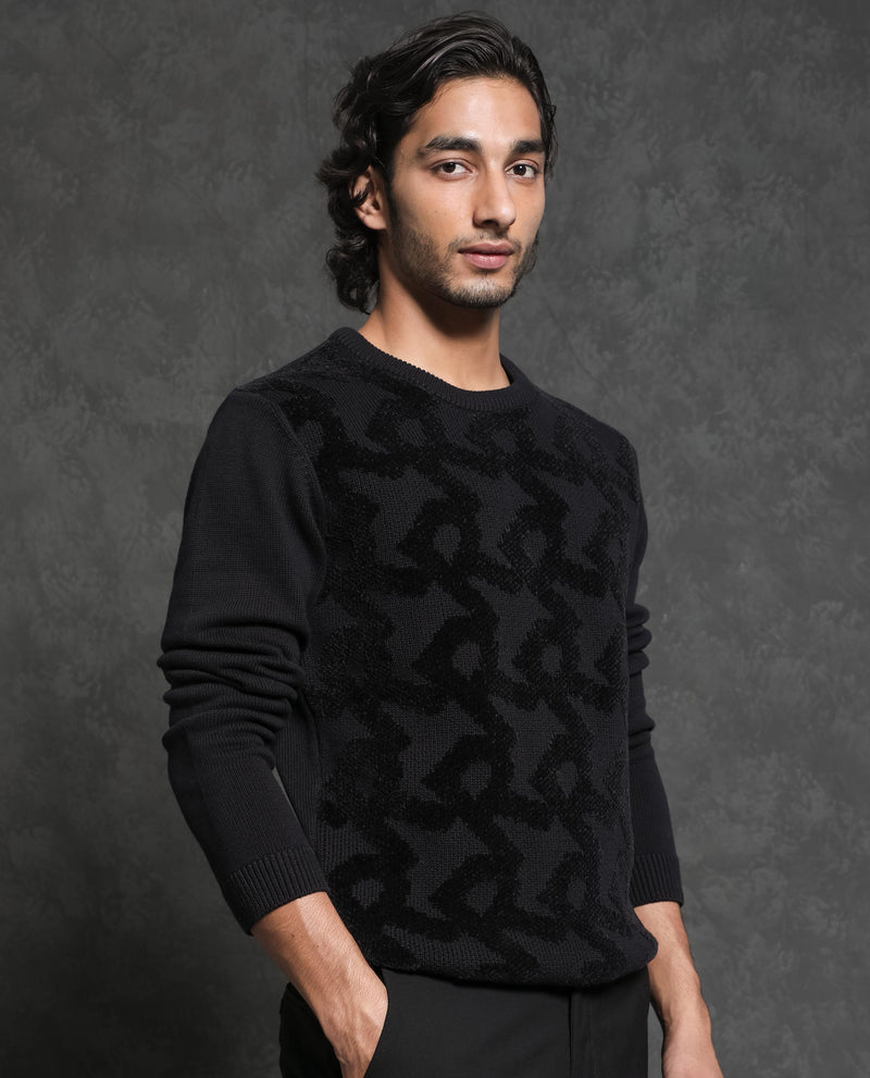 Rare Rabbit Mens Fink Black Cotton Polyester Fabric Crew Neck Relaxed Fit Monogram Jacquard Sweater