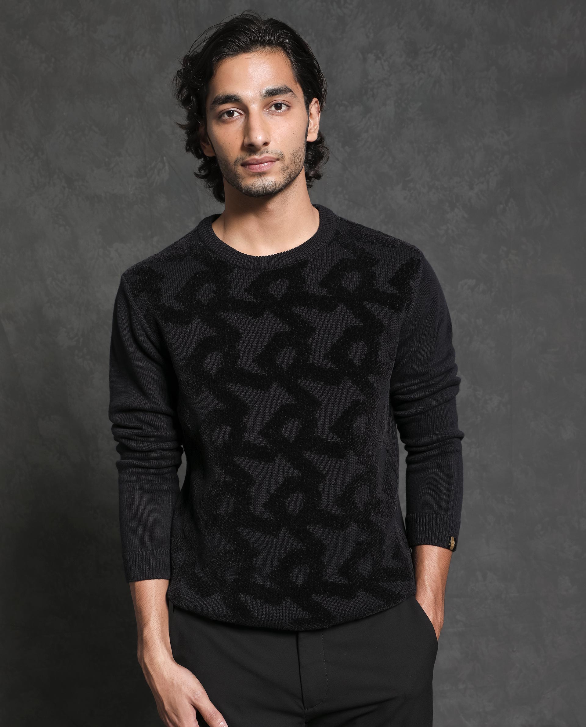 Rare Rabbit Mens Fink Black Cotton Polyester Fabric Crew Neck Relaxed Fit Monogram Jacquard Sweater