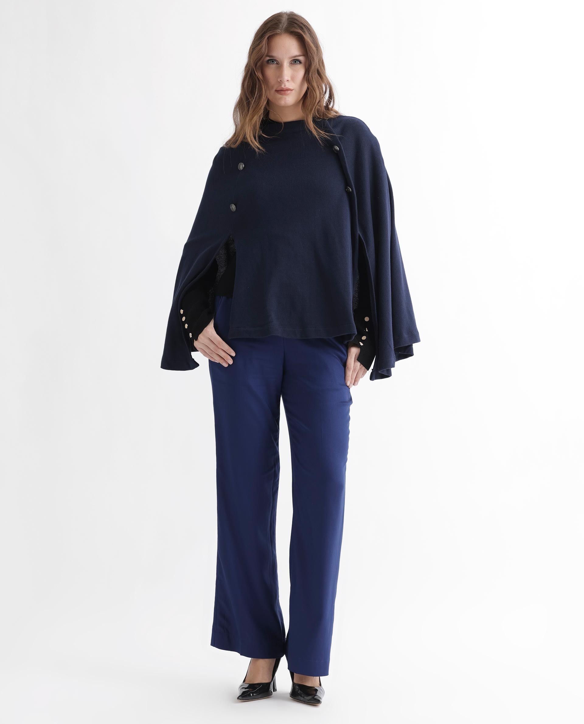 Rareism Women Finley Navy Cotton Fabric 3/4Th Sleeves Relaxed Fit Solid Collarless Sweater