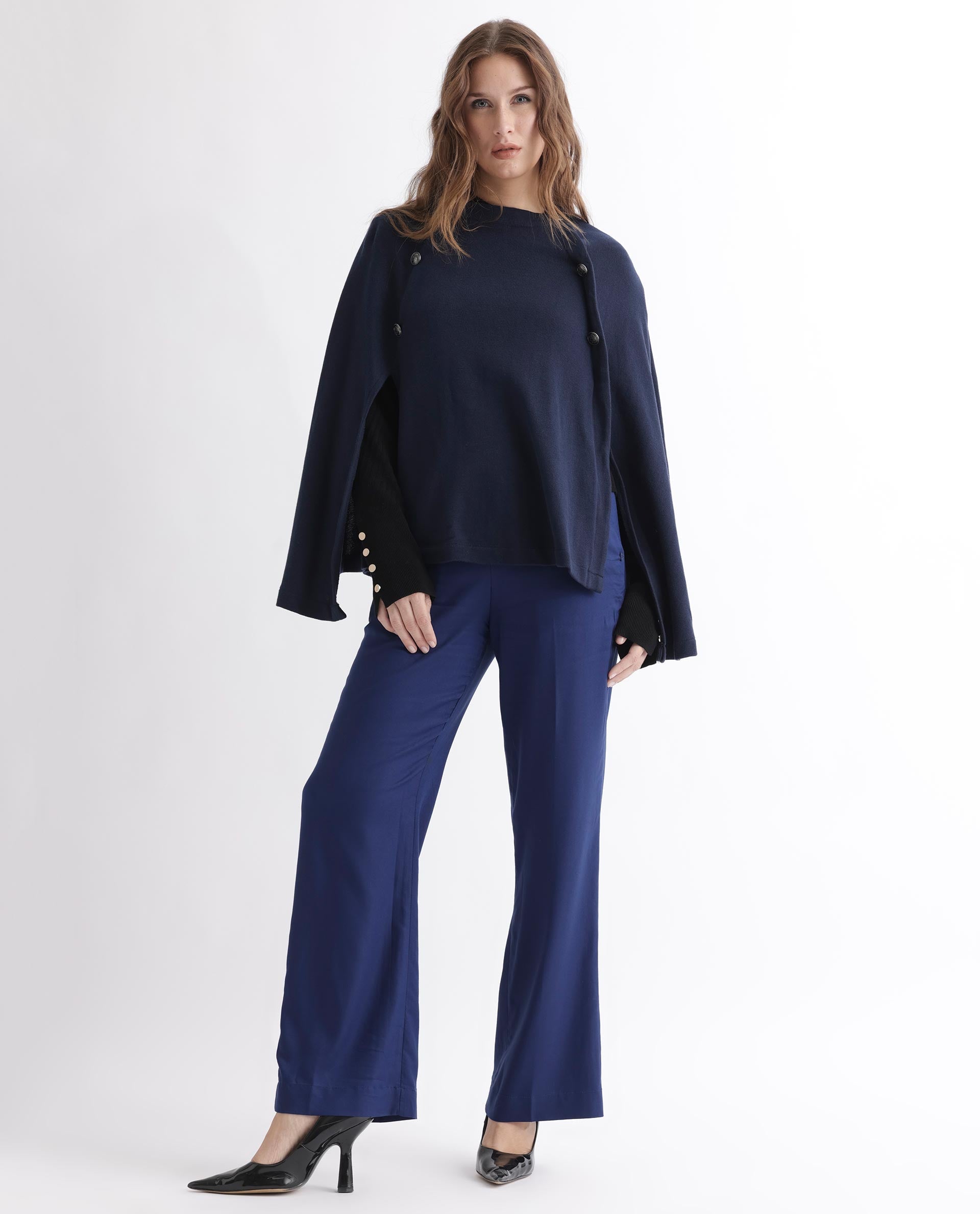 Rareism Women Finley Navy Cotton Fabric 3/4Th Sleeves Relaxed Fit Solid Collarless Sweater