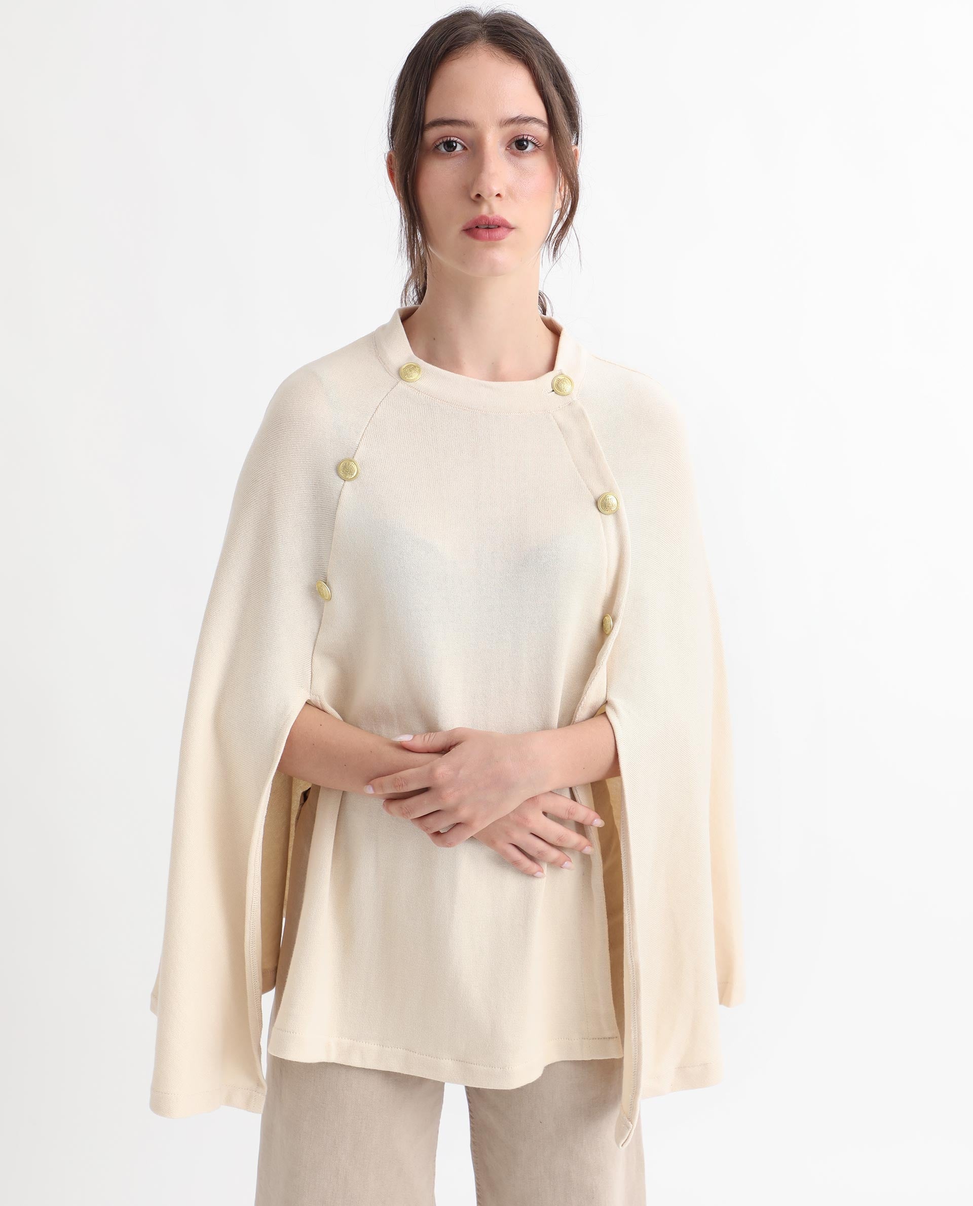 Rareism Women Finley Off White Cotton Fabric 3/4Th Sleeves Relaxed Fit Solid Collarless Sweater