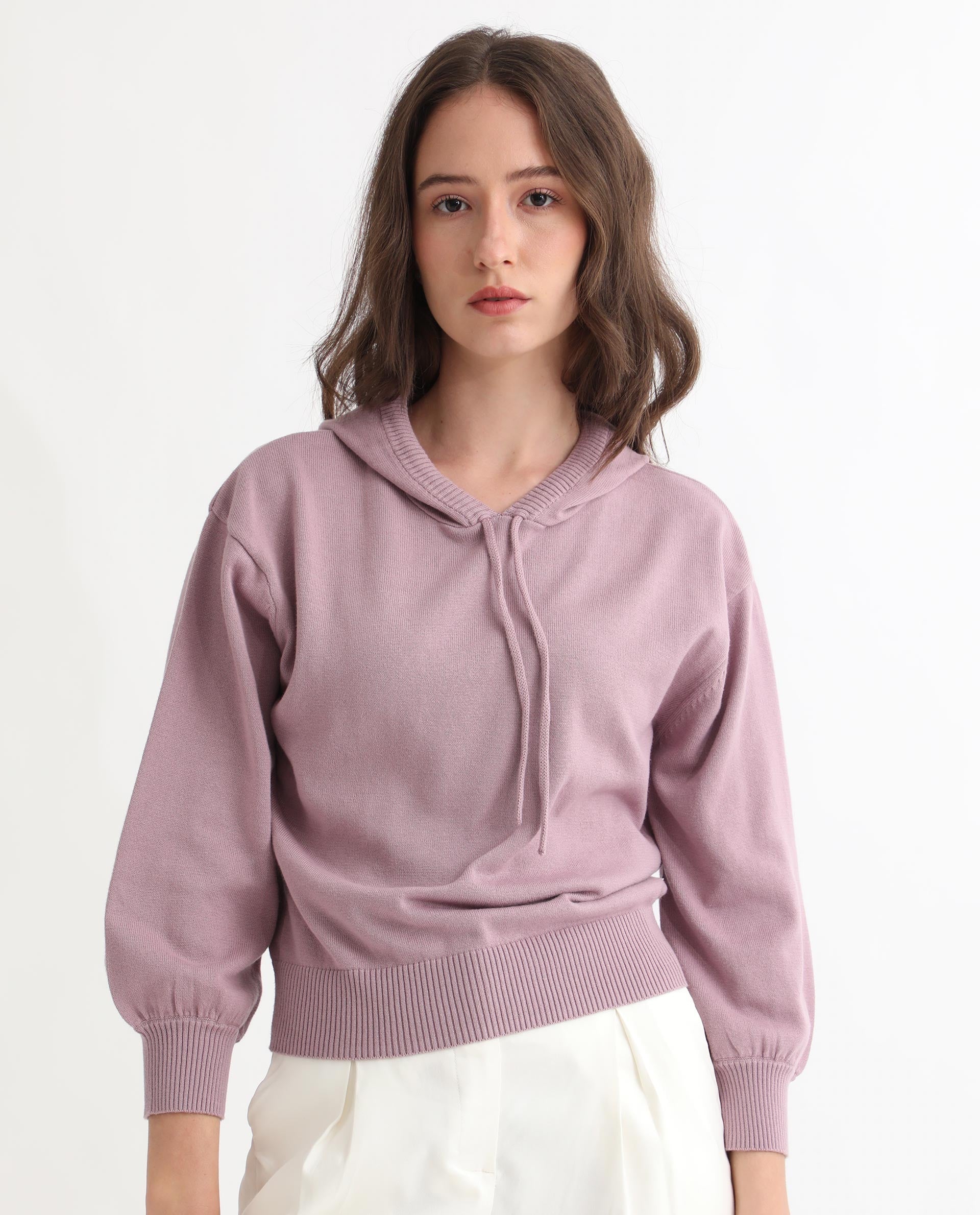Rareism Women Finn Sweat Pink Cotton Fabric Full Sleeves Relaxed Fit Solid Hooded Sweater