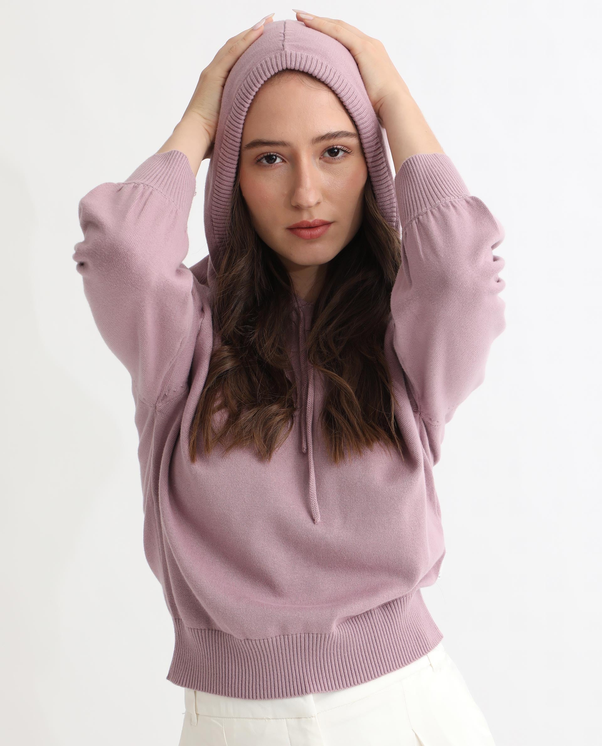 Rareism Women Finn Sweat Pink Cotton Fabric Full Sleeves Relaxed Fit Solid Hooded Sweater