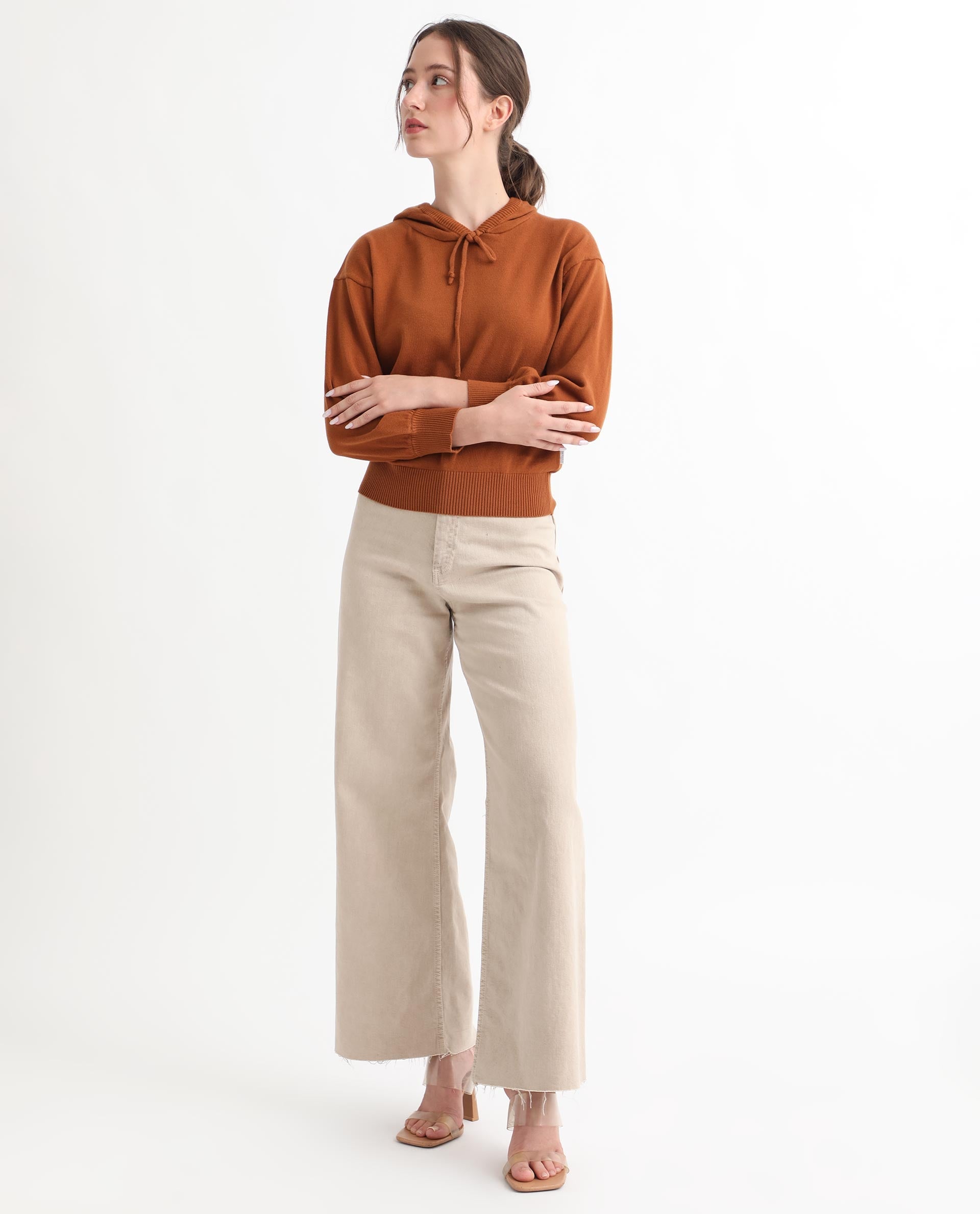 Rareism Women's Finn Sweat Rust Cotton Hooded Plain Relaxed Fit Sweate