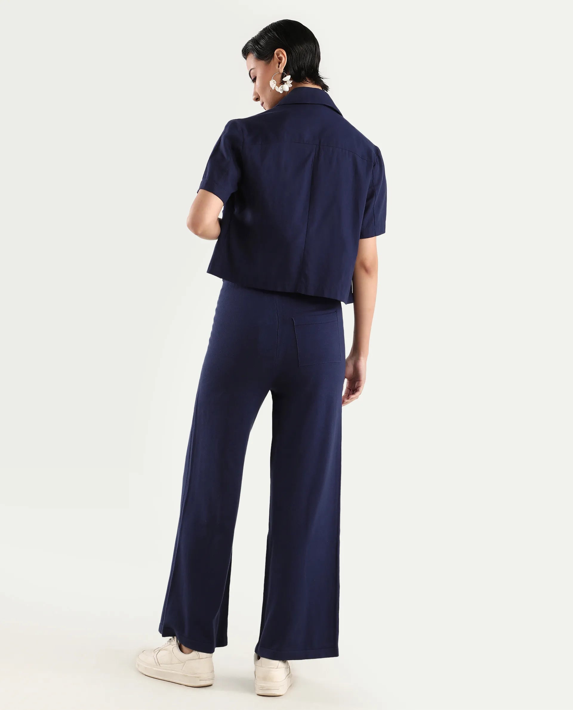 Rareism Women's Finnet B Navy Knit Plain Ankle Length Wide Leg Track Pant