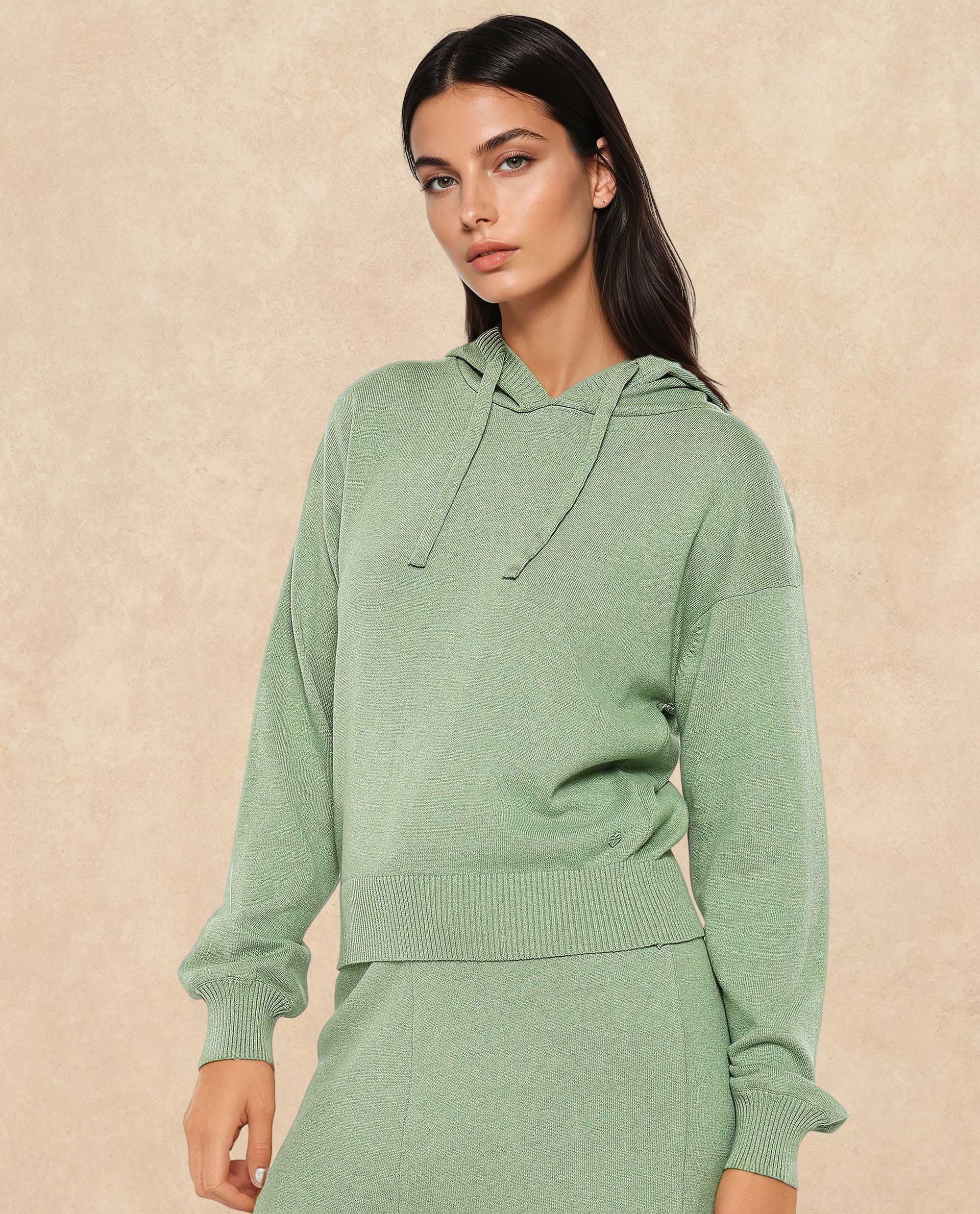 Rareism Women Finnet T Dusky Green Plain Hooded Plain Sweater