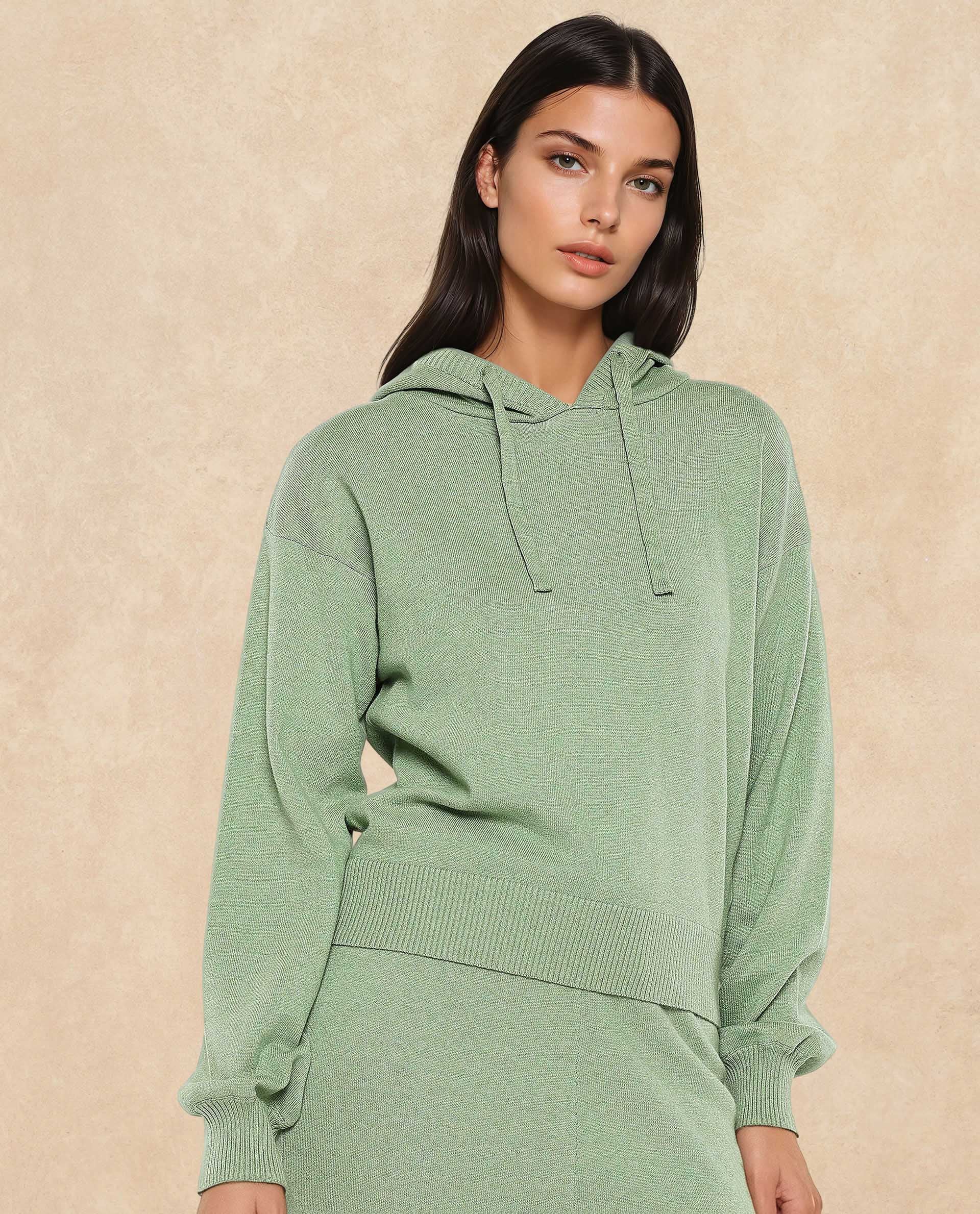 Rareism Women Finnet T Dusky Green Plain Hooded Plain Sweater