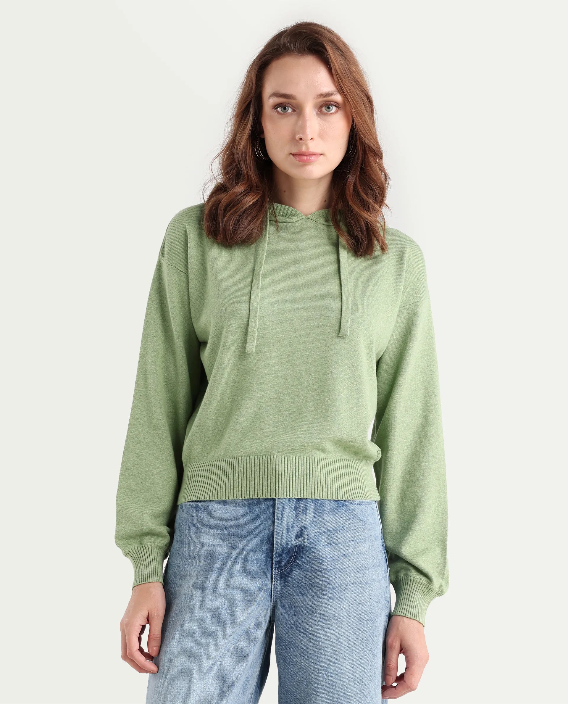 Rareism Women's Finnet T Dusky Green Knit Hooded Plain Relaxed Fit Sweater