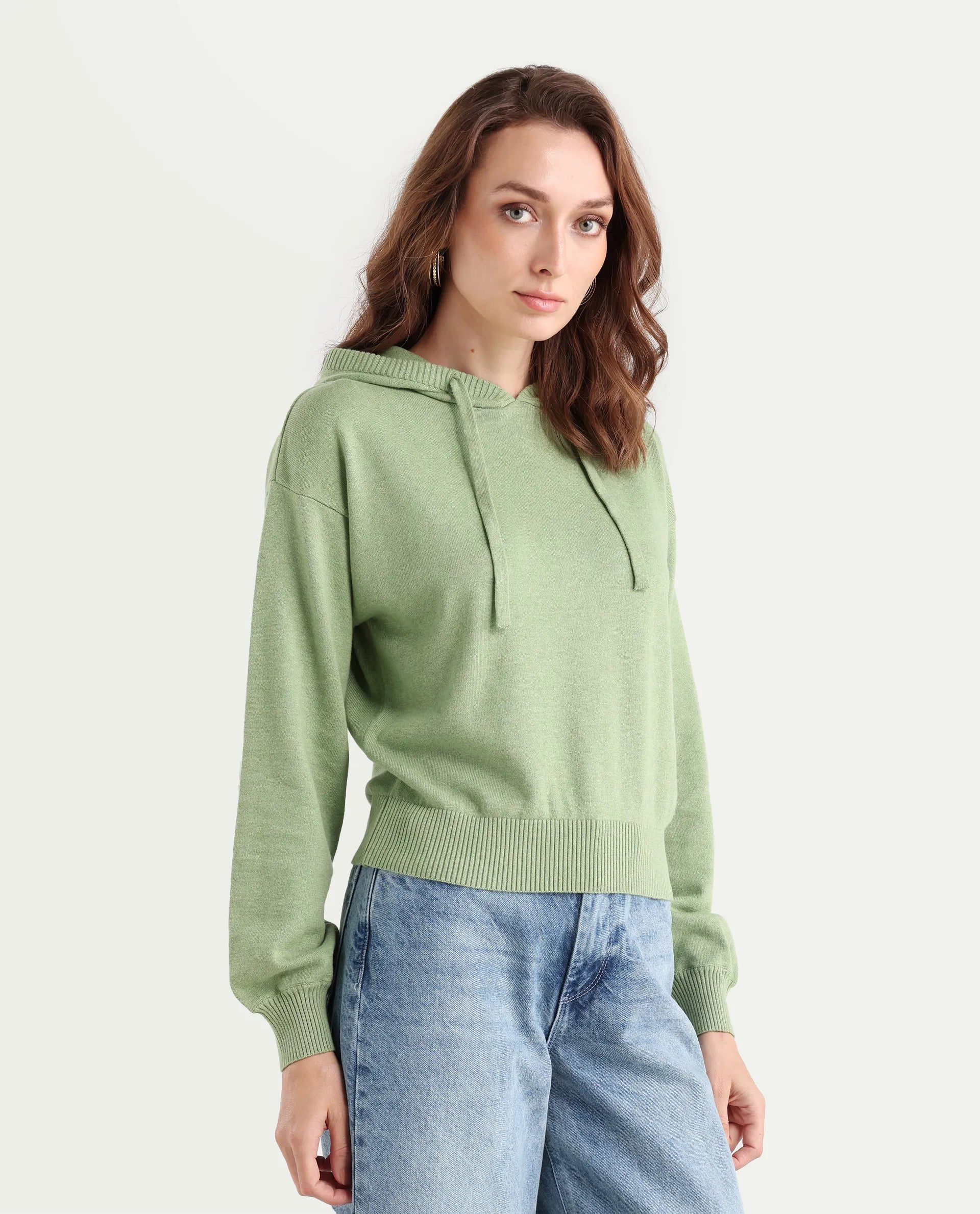 Rareism Women's Finnet T Dusky Green Knit Hooded Plain Relaxed Fit Sweater