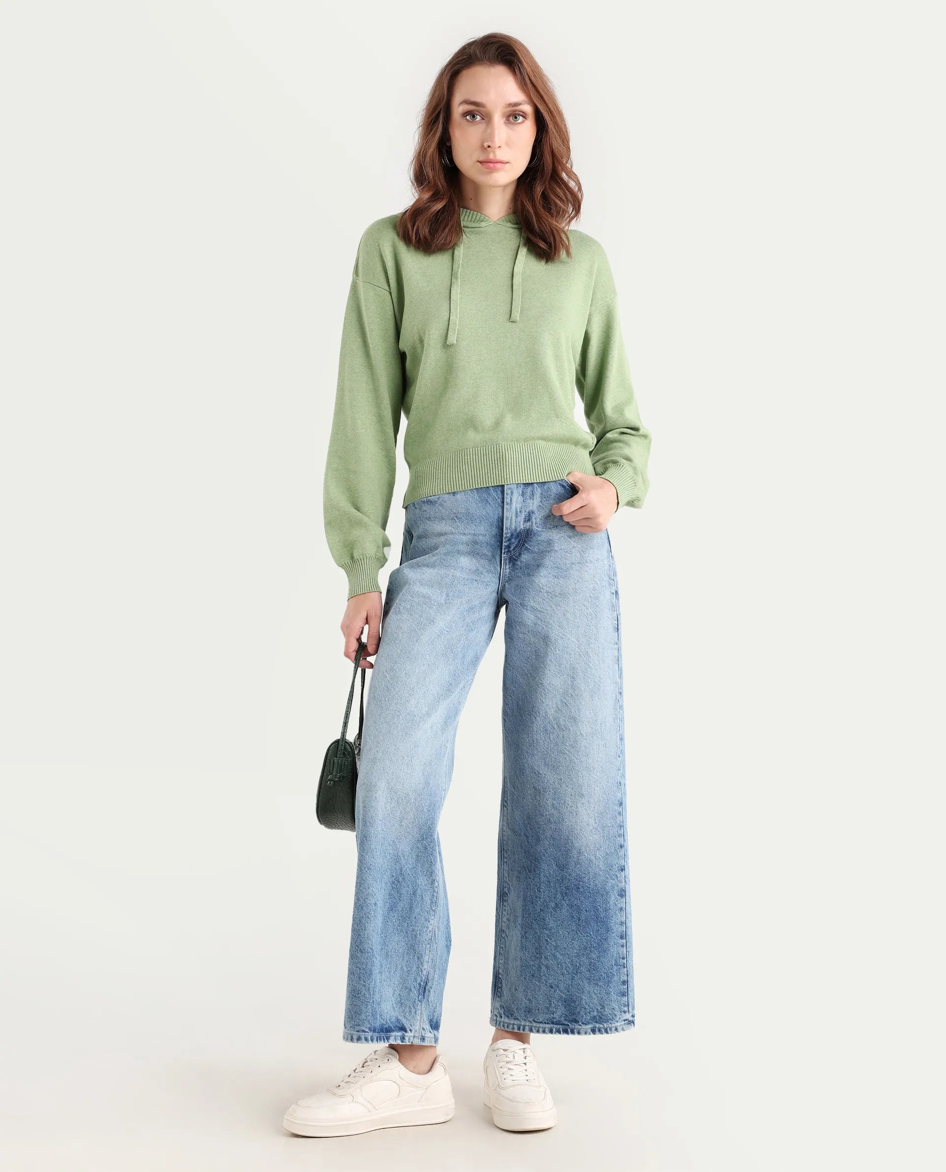 Rareism Women's Finnet T Dusky Green Knit Hooded Plain Relaxed Fit Sweater