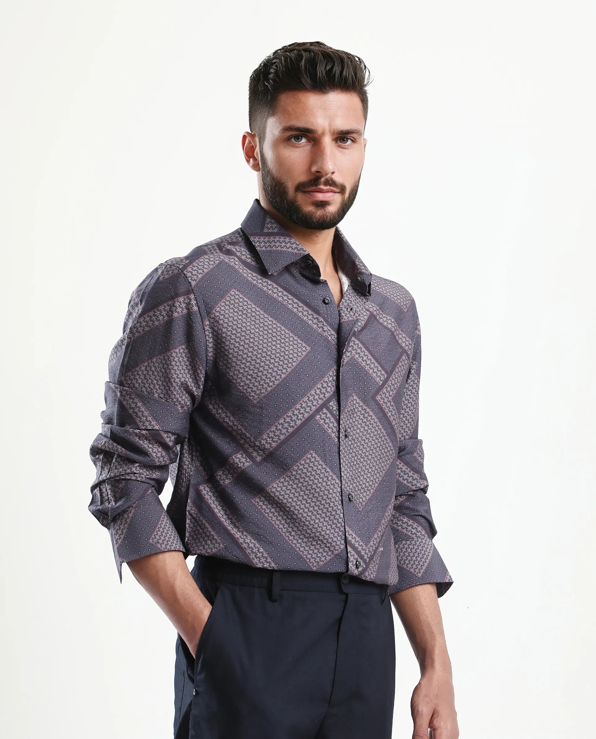 Rare Rabbit Men's Fino Dark Grey Viscose Blend Geometric Print Regular Fit Full Sleeve Collared Shirt