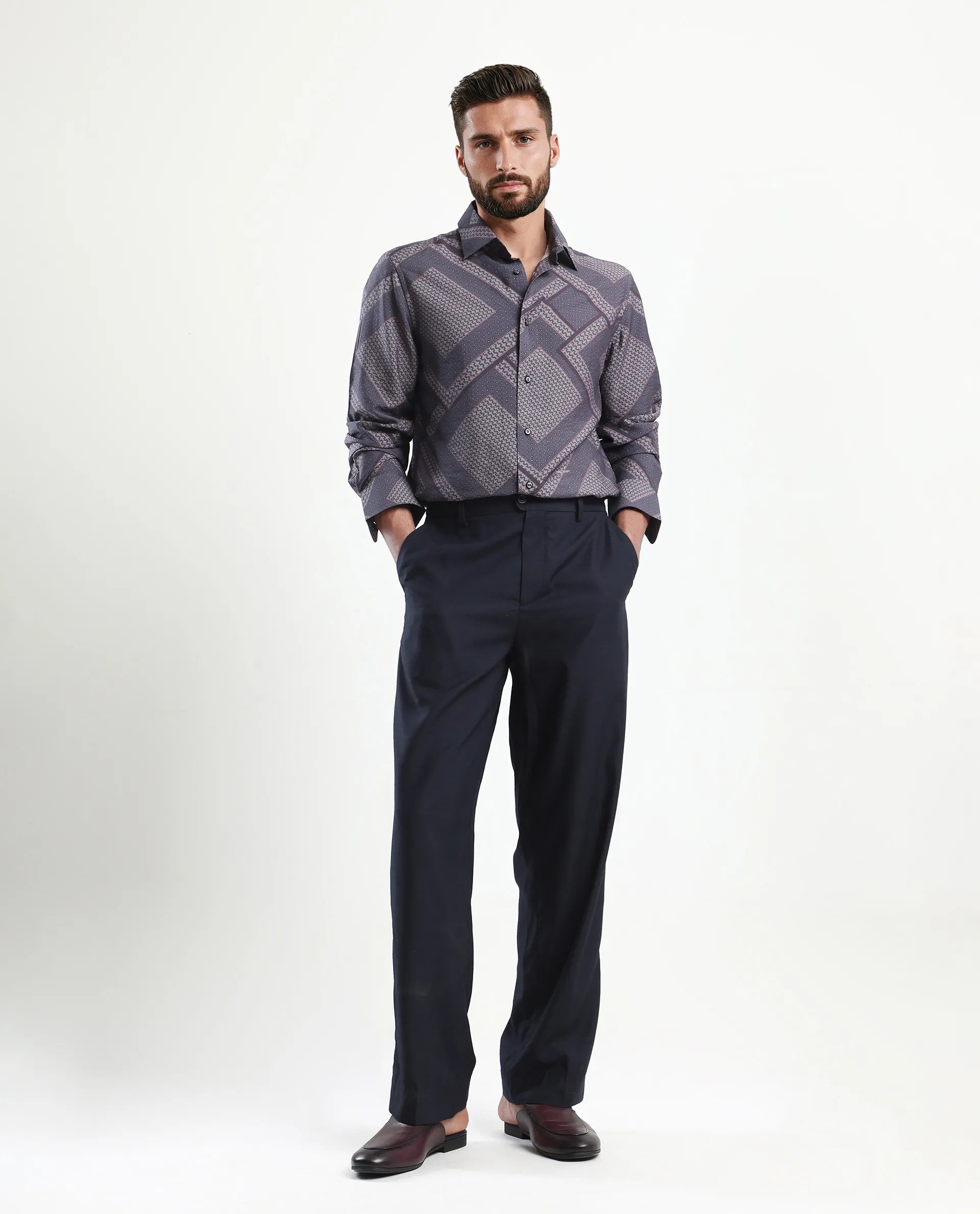 Rare Rabbit Men's Fino Dark Grey Viscose Blend Geometric Print Regular Fit Full Sleeve Collared Shirt