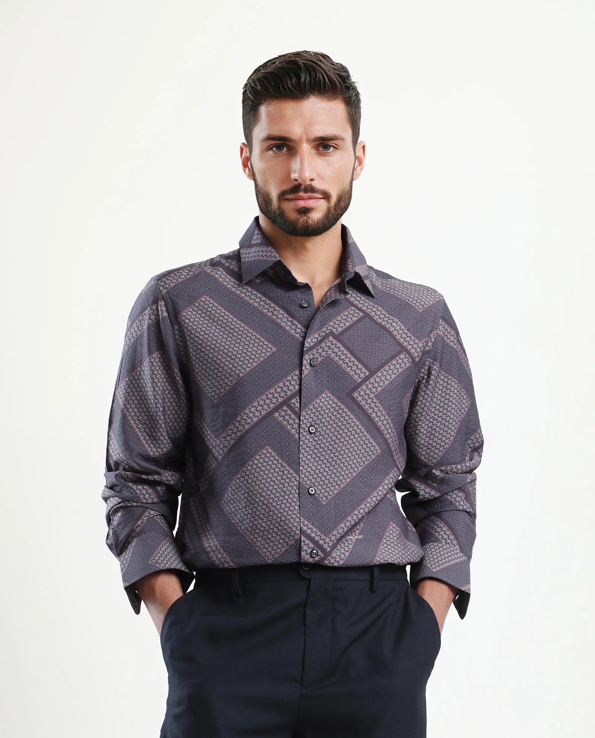 Rare Rabbit Men's Fino Dark Grey Viscose Blend Geometric Print Regular Fit Full Sleeve Collared Shirt
