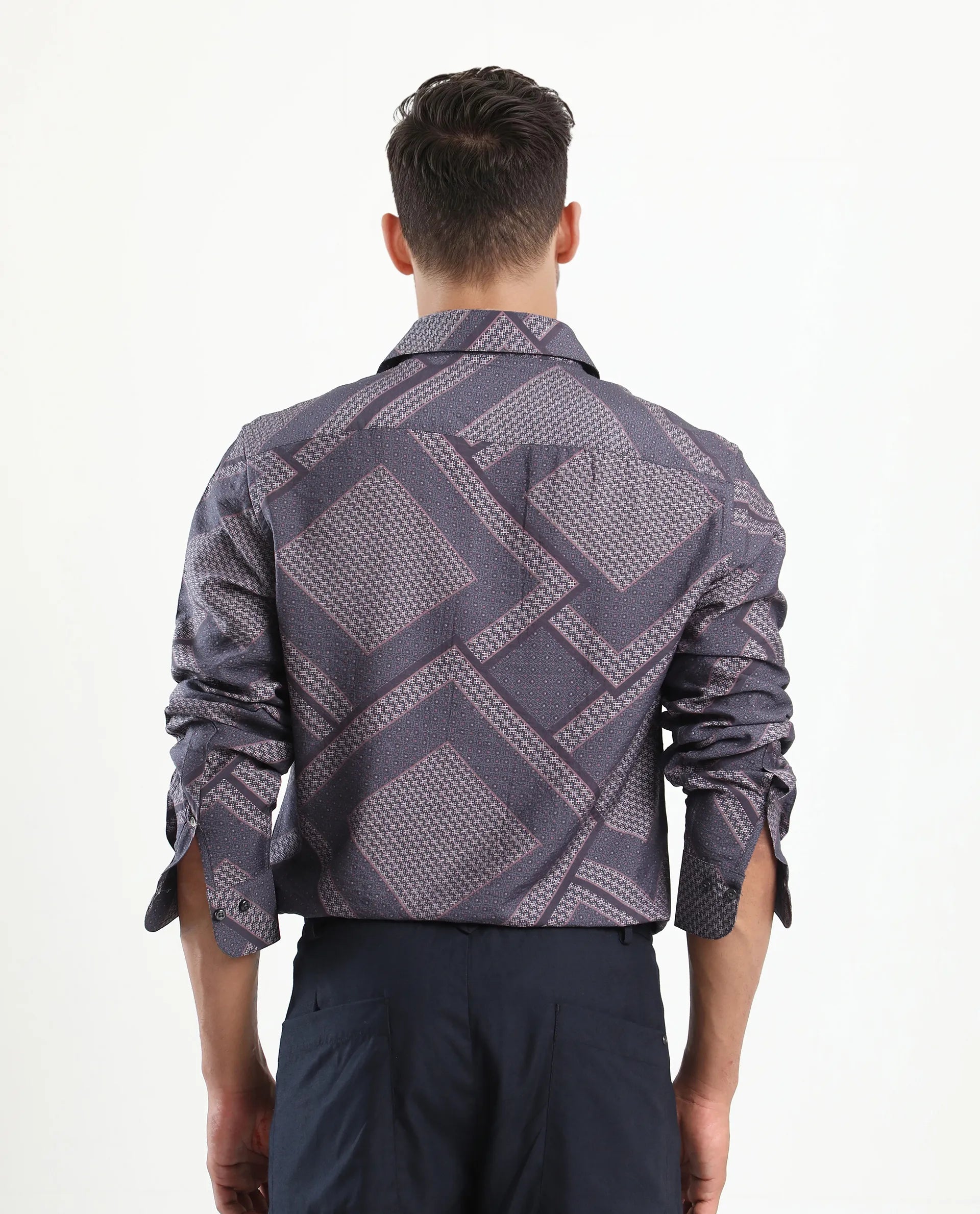 Rare Rabbit Men's Fino Dark Grey Viscose Blend Geometric Print Regular Fit Full Sleeve Collared Shirt