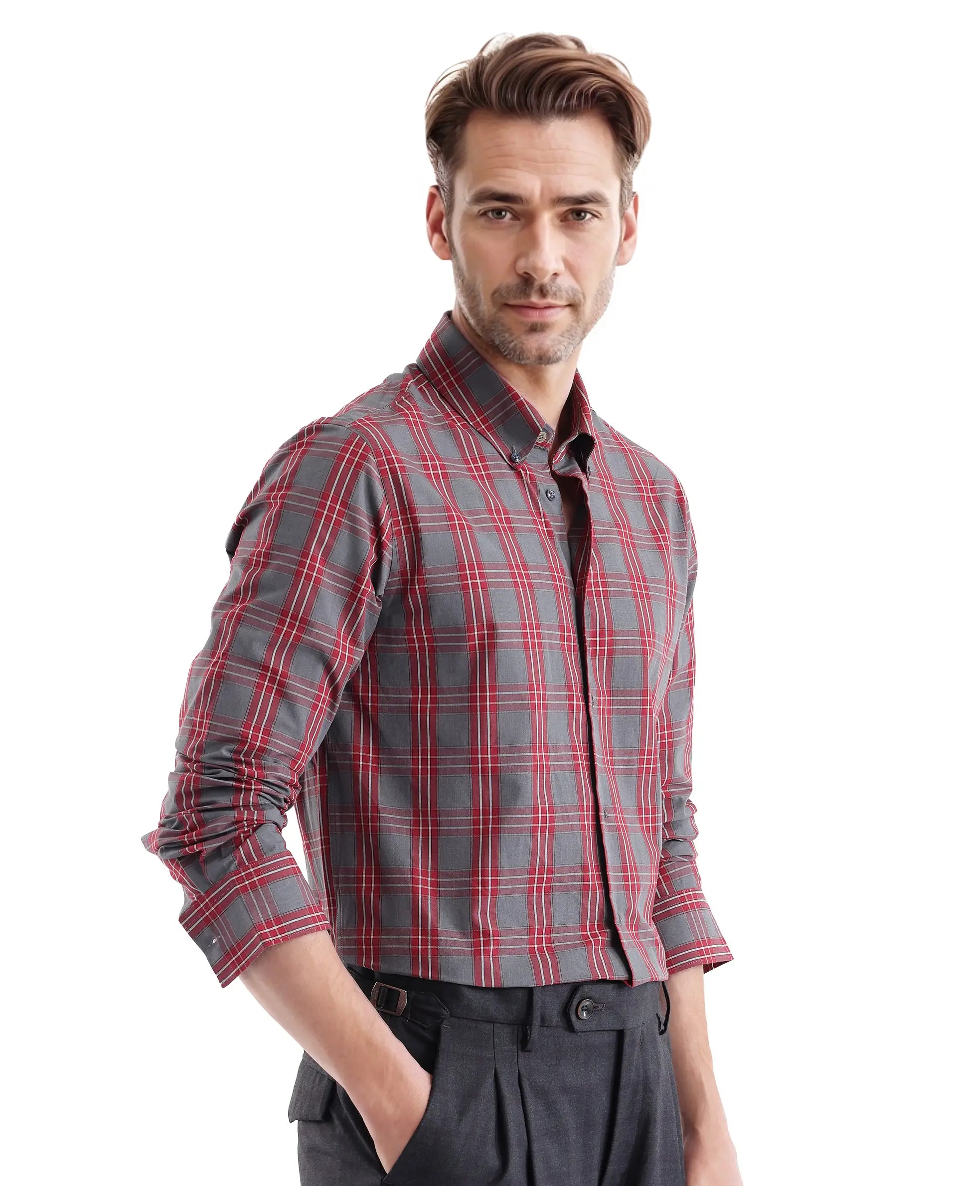 Rare Rabbit Men's Finster Red Cotton Fabric Full Sleeve Regular Fit Checks Shirt