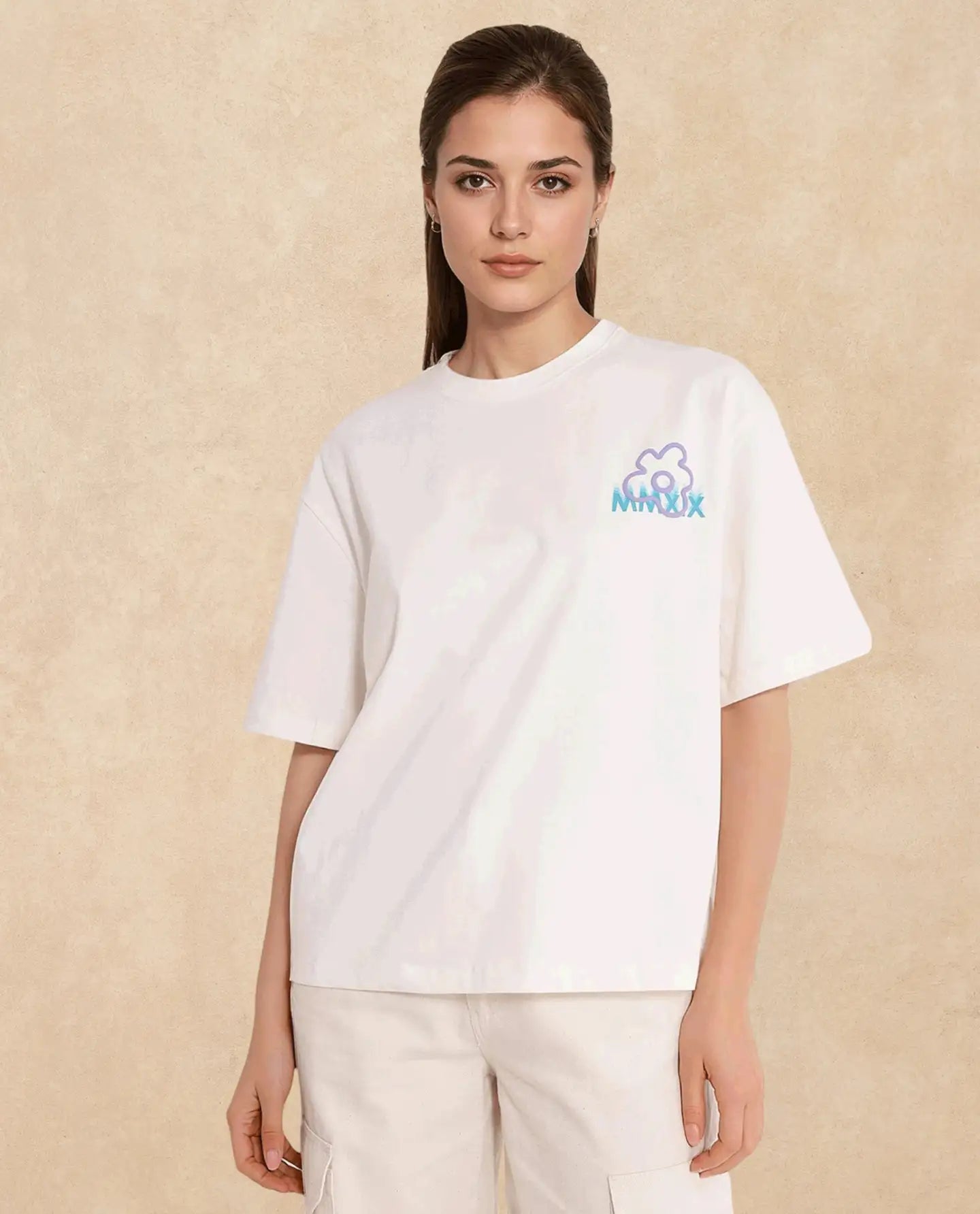 Rareism Women Fiona Off White Cotton Fabric Short Sleeve Crew Neck Solid T-Shirt