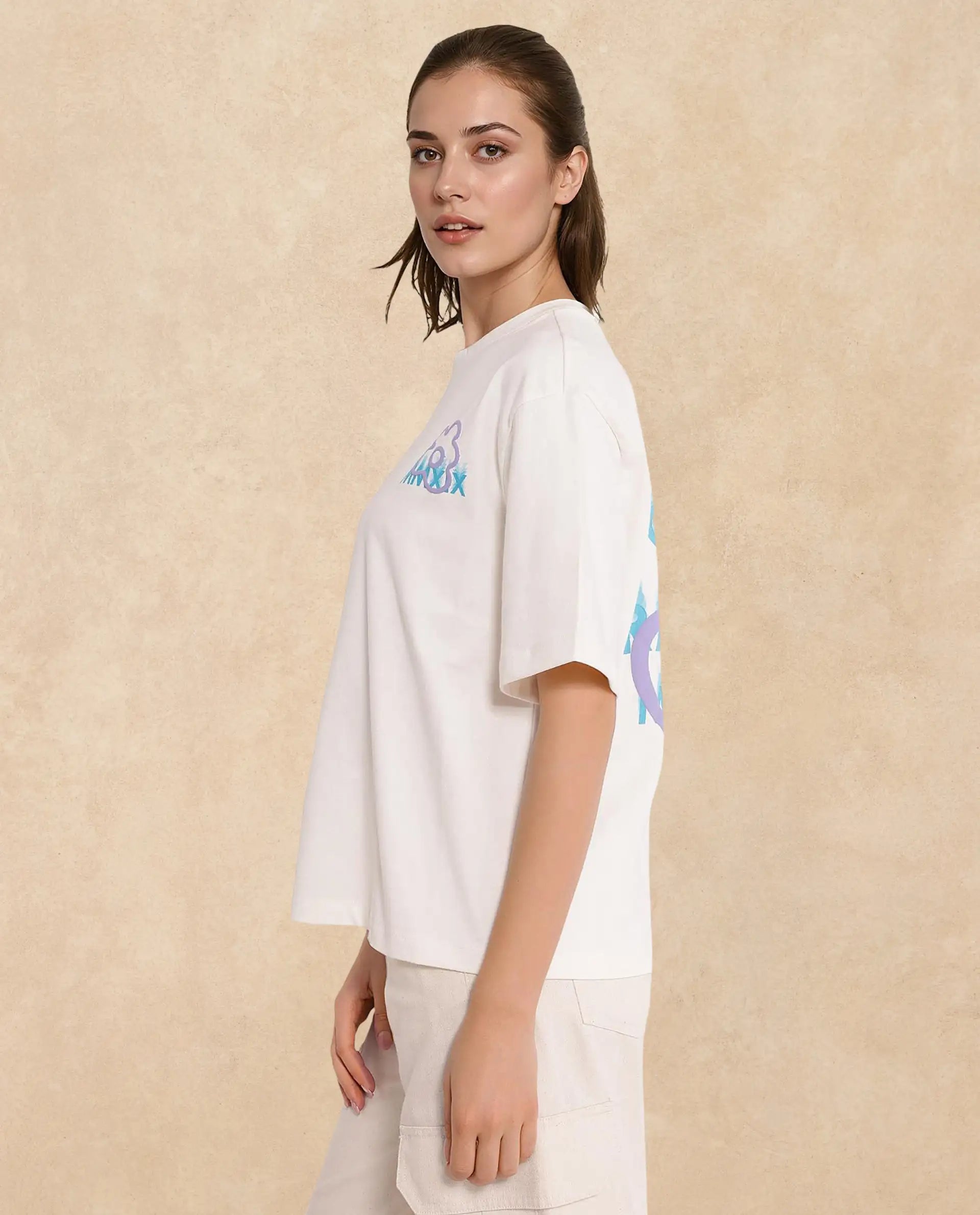 Rareism Women Fiona Off White Cotton Fabric Short Sleeve Crew Neck Solid T-Shirt