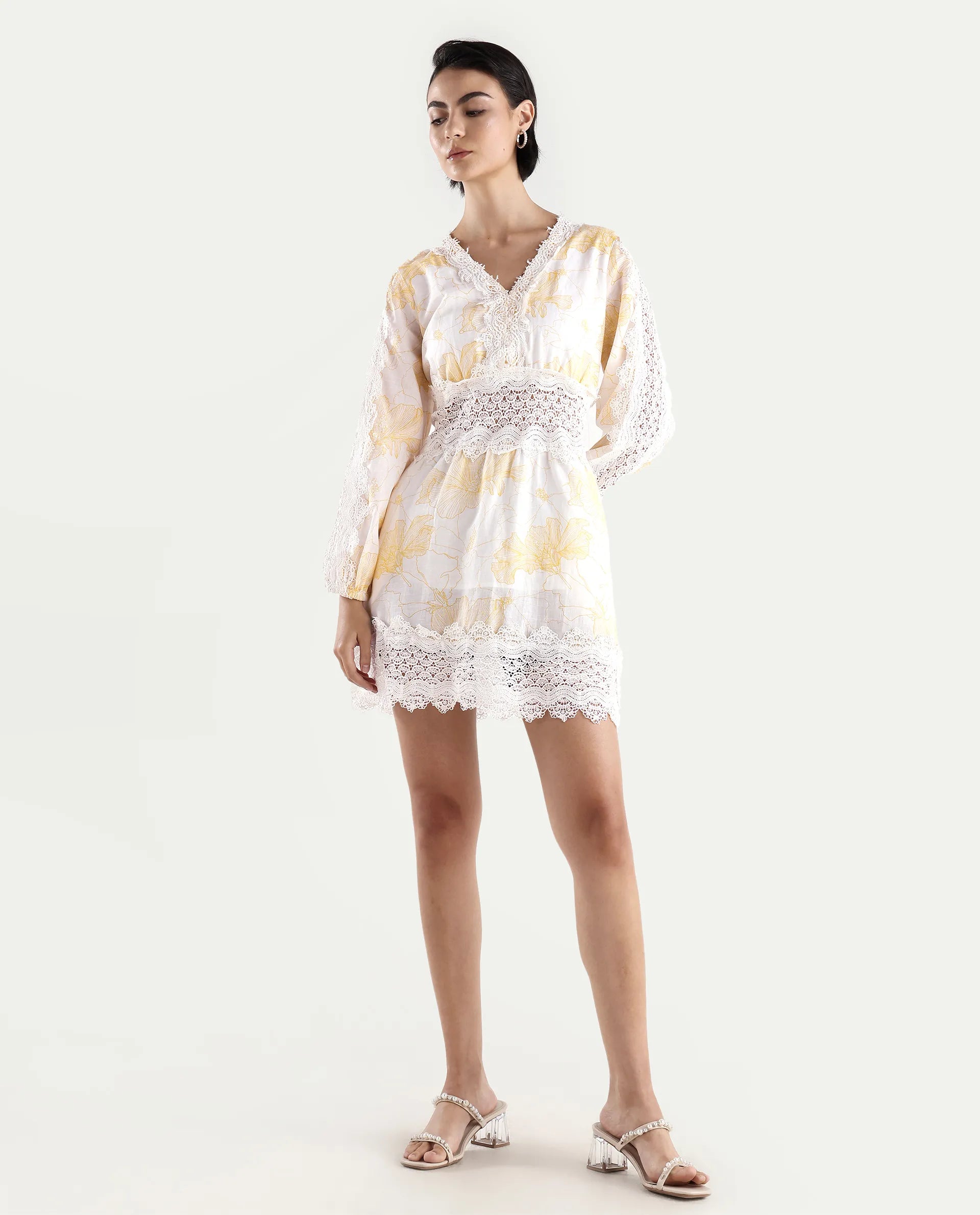 Rareism Women's Fiscella Pastel Yellow Cotton V-Neck Floral Print Bishop Sleeve Mini Fit And Flare Dress