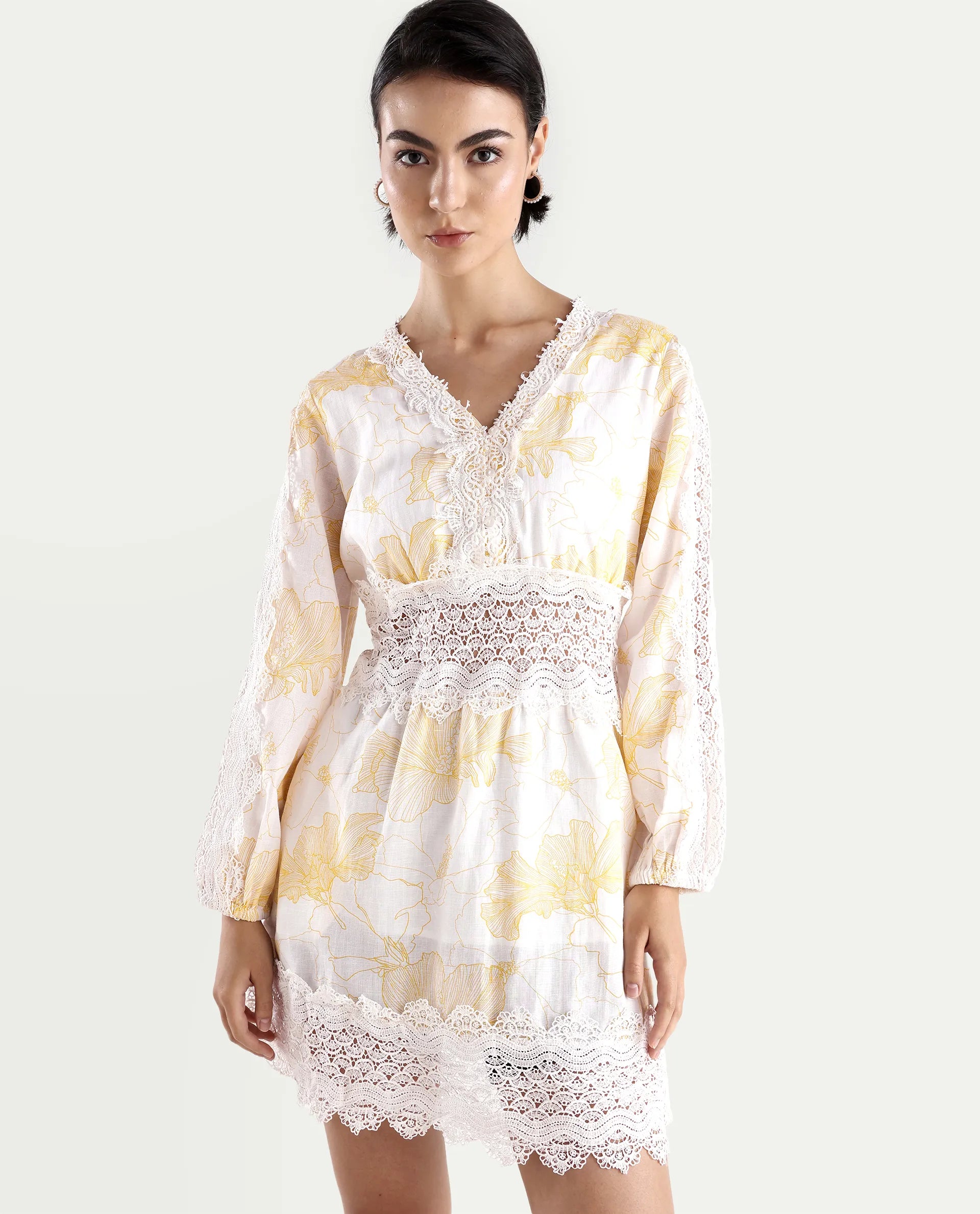 Rareism Women's Fiscella Pastel Yellow Cotton V-Neck Floral Print Bishop Sleeve Mini Fit And Flare Dress