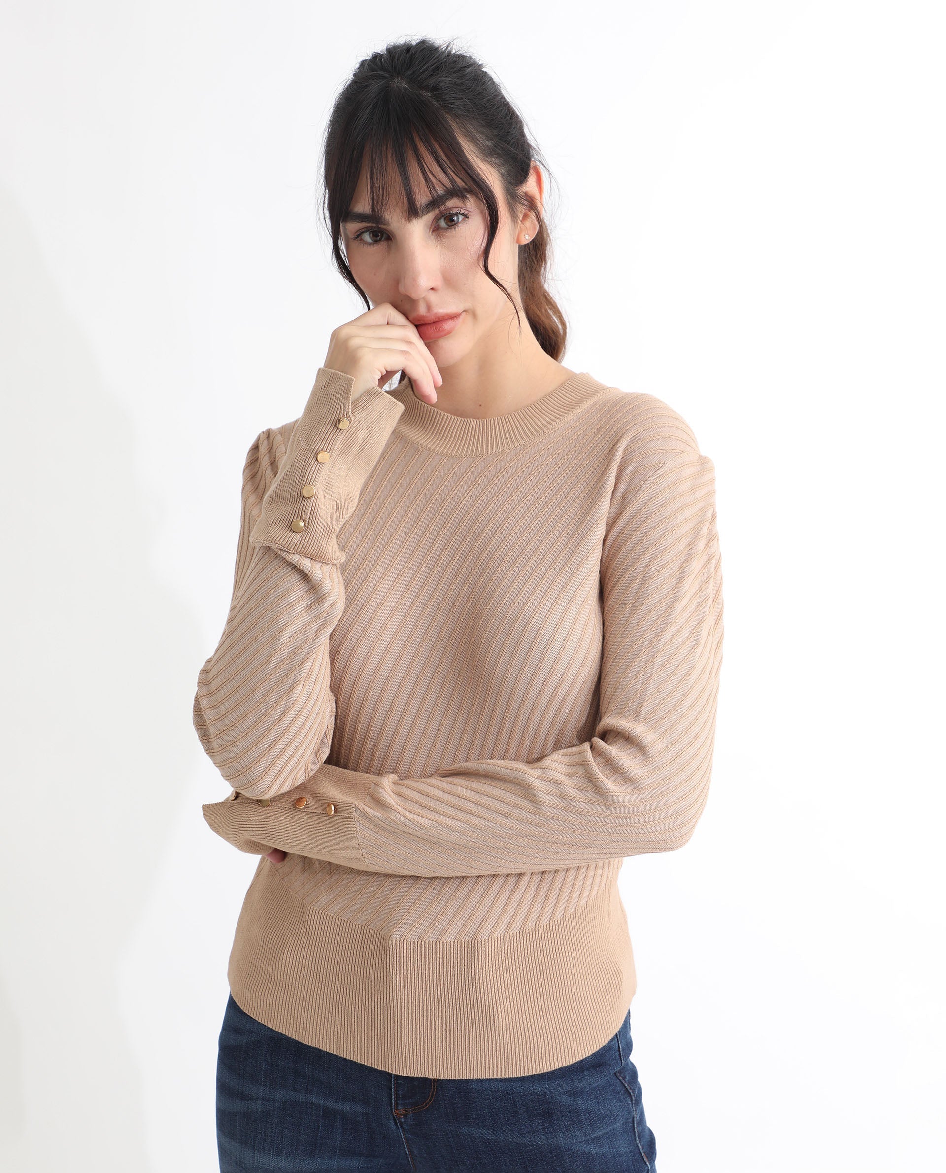 Rareism Women Fischer Beige Viscose Fabric Full Sleeves Knee Length Regular Fit Solid High Neck Sweater