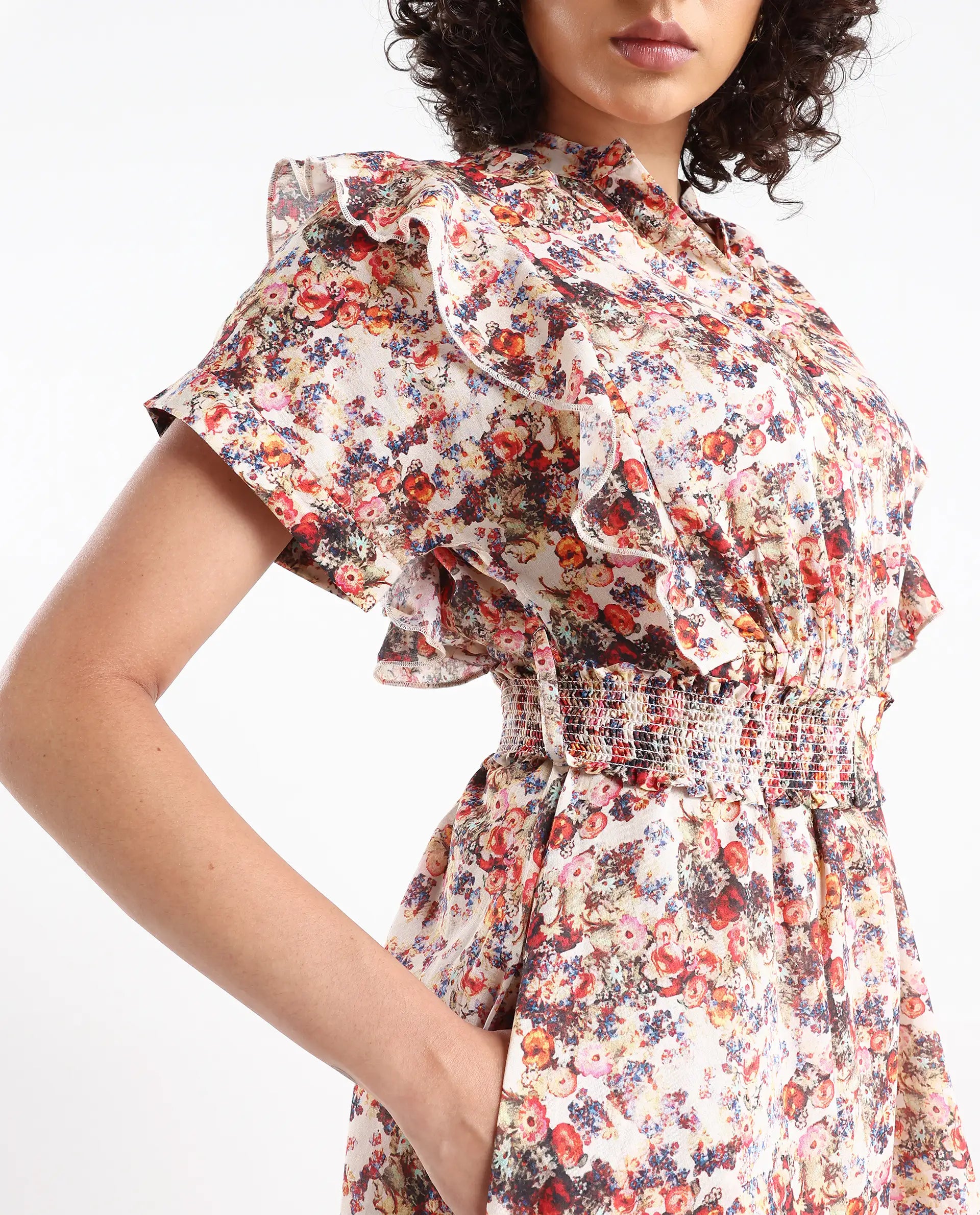 Rareism Women's Fisht Offwhite Cotton V-Neck Floral Print Ruffled Sleeve Midi Regular Fit Dress