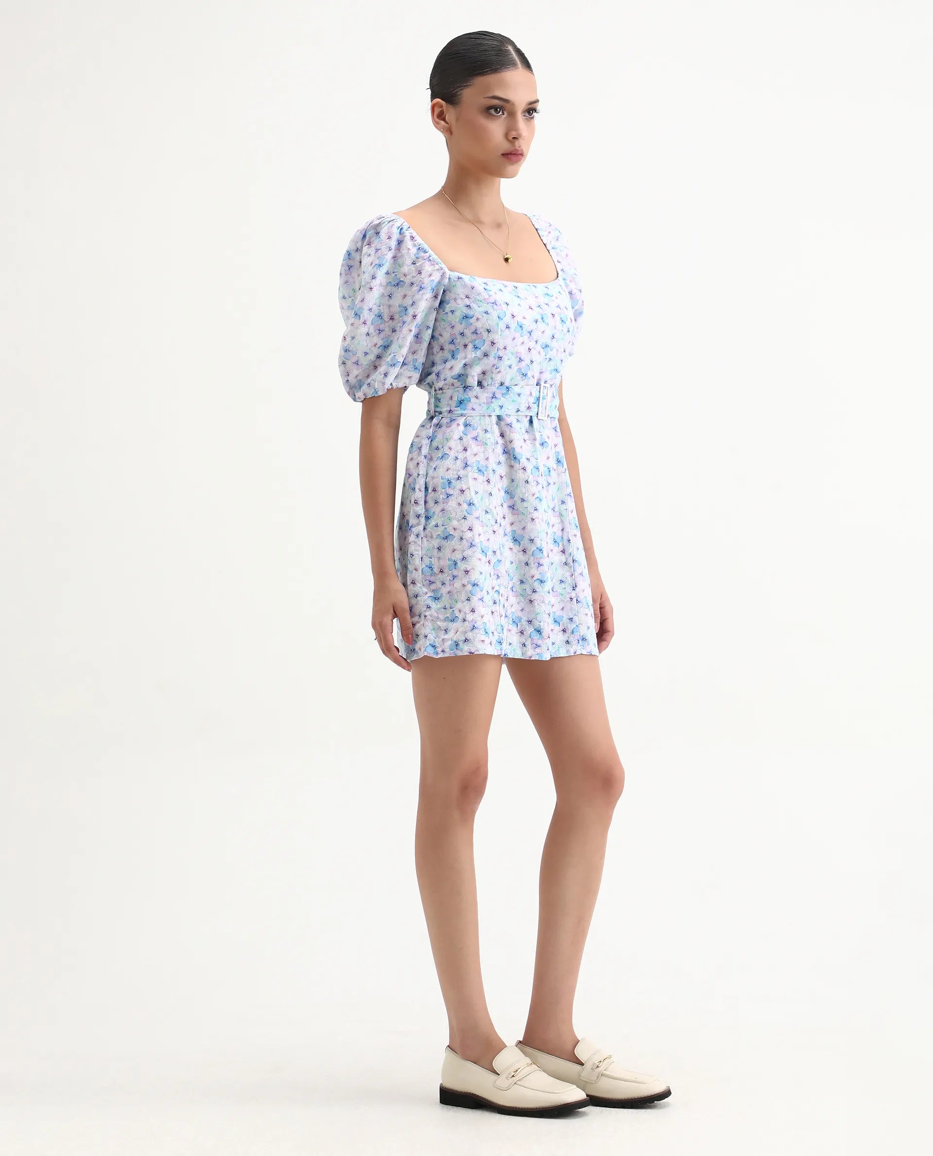 Rareism Women's Fisto Purple Linen Square Neck Floral Print Knee Length Regular Fit Dress