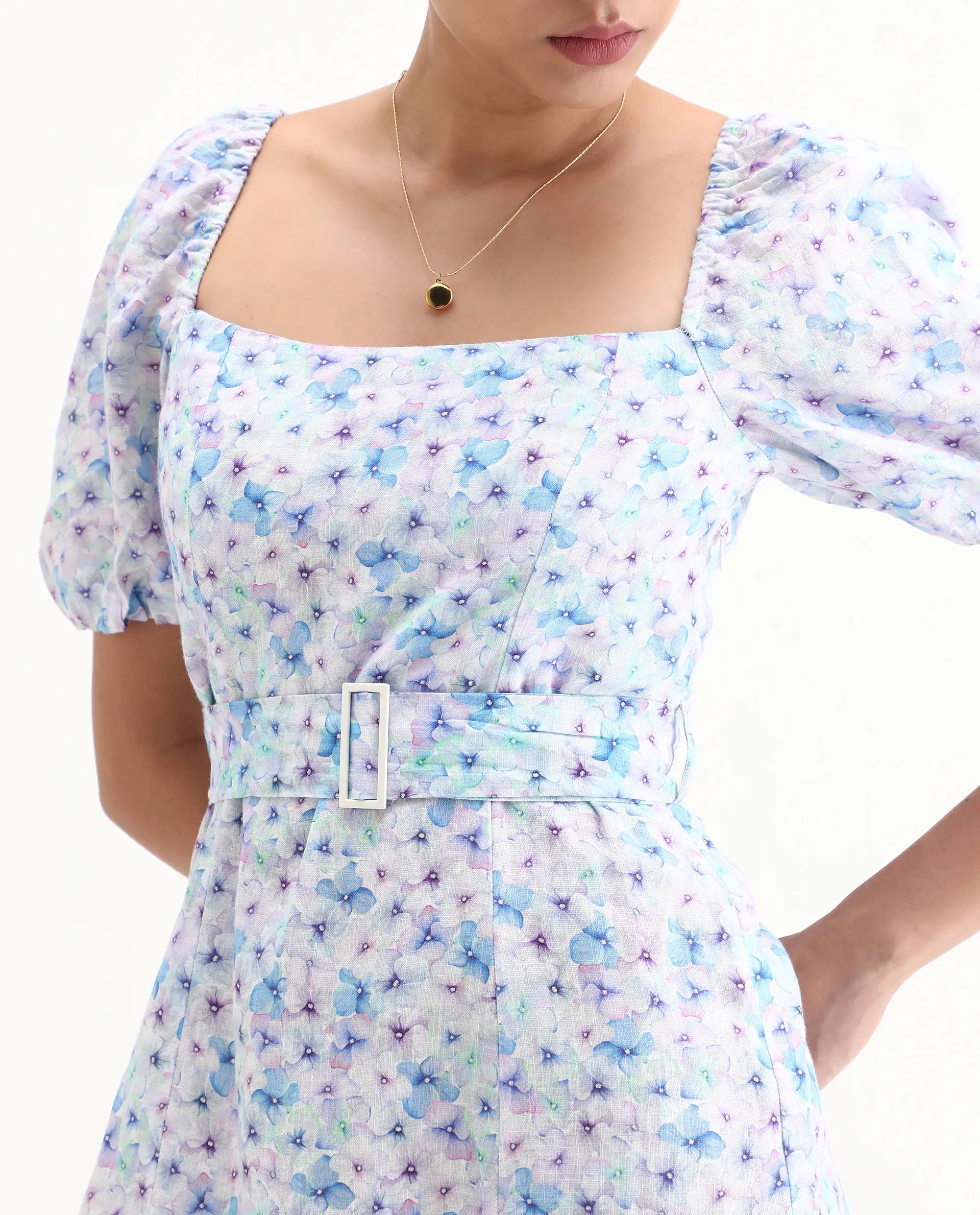 Rareism Women's Fisto Purple Linen Square Neck Floral Print Knee Length Regular Fit Dress