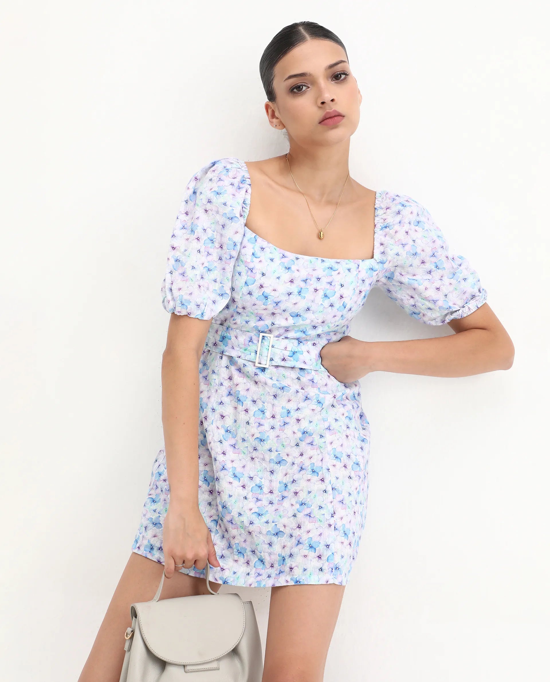 Rareism Women's Fisto Purple Linen Square Neck Floral Print Knee Length Regular Fit Dress