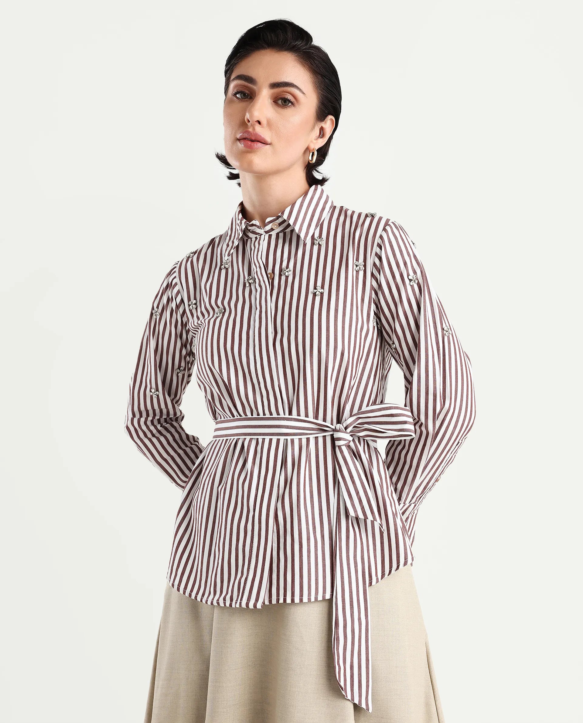 Rareism Women's Fitto Rust Cotton Drop Collar Striped Cuffed Sleeve Regular Fit Shirt