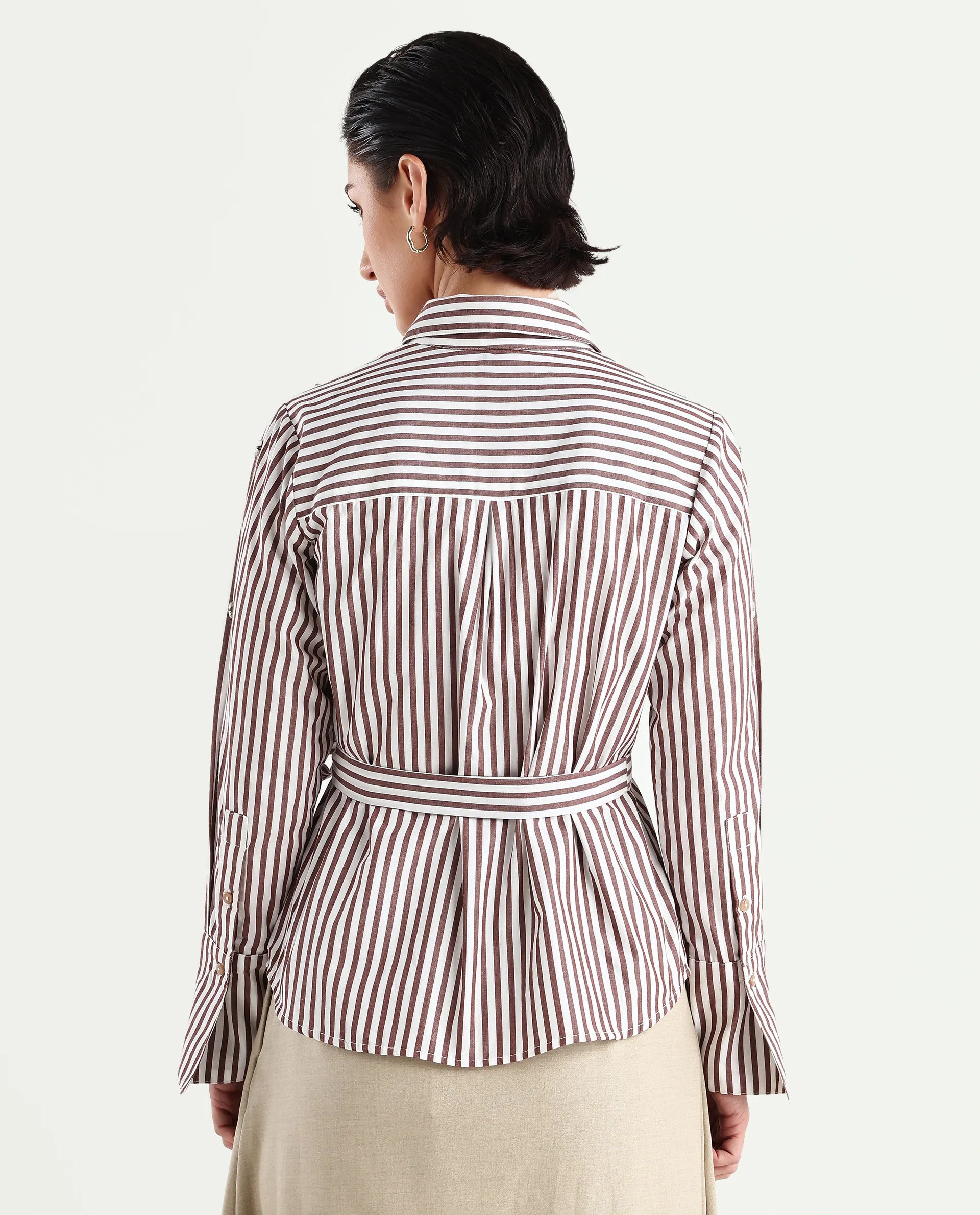 Rareism Women's Fitto Rust Cotton Drop Collar Striped Cuffed Sleeve Regular Fit Shirt