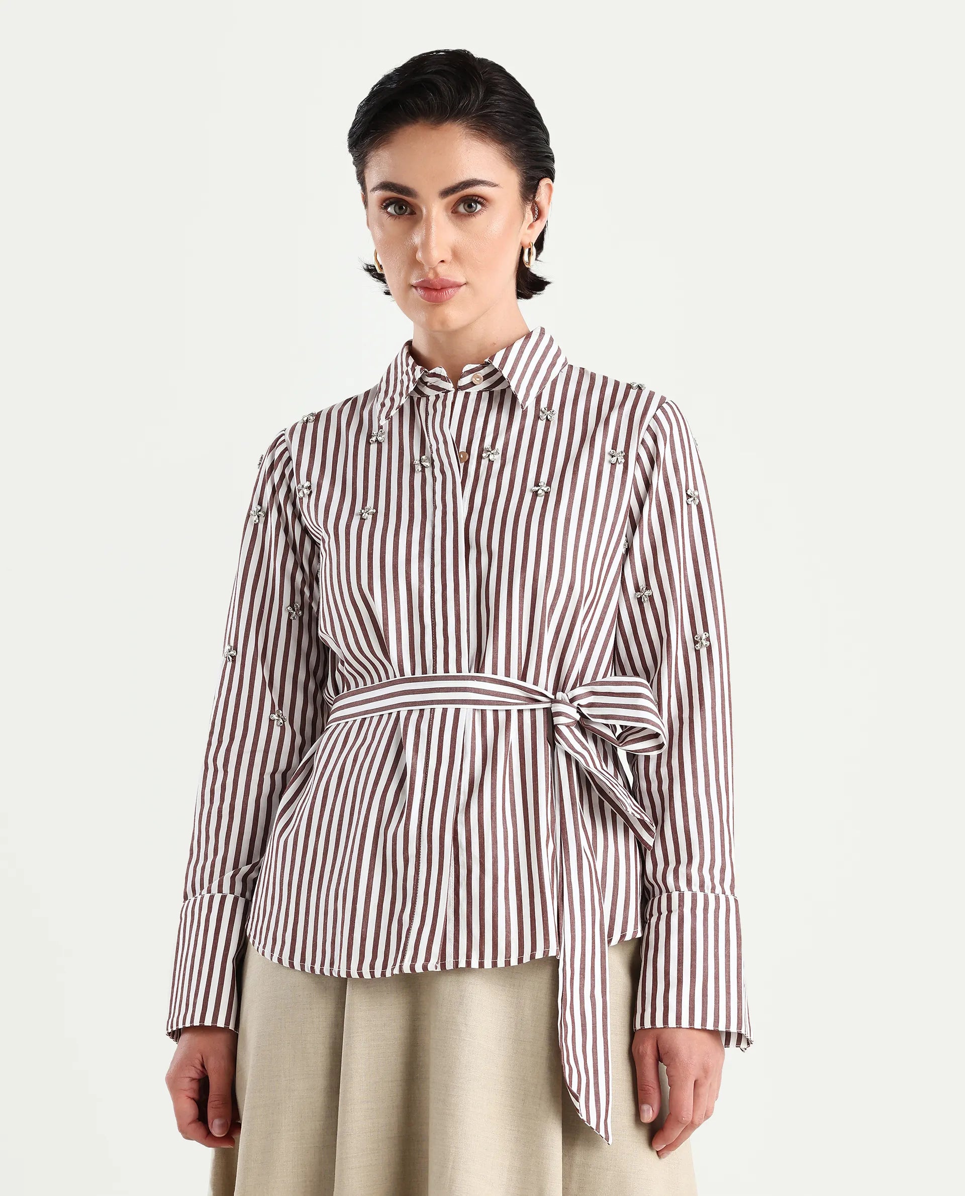 Rareism Women's Fitto Rust Cotton Drop Collar Striped Cuffed Sleeve Regular Fit Shirt