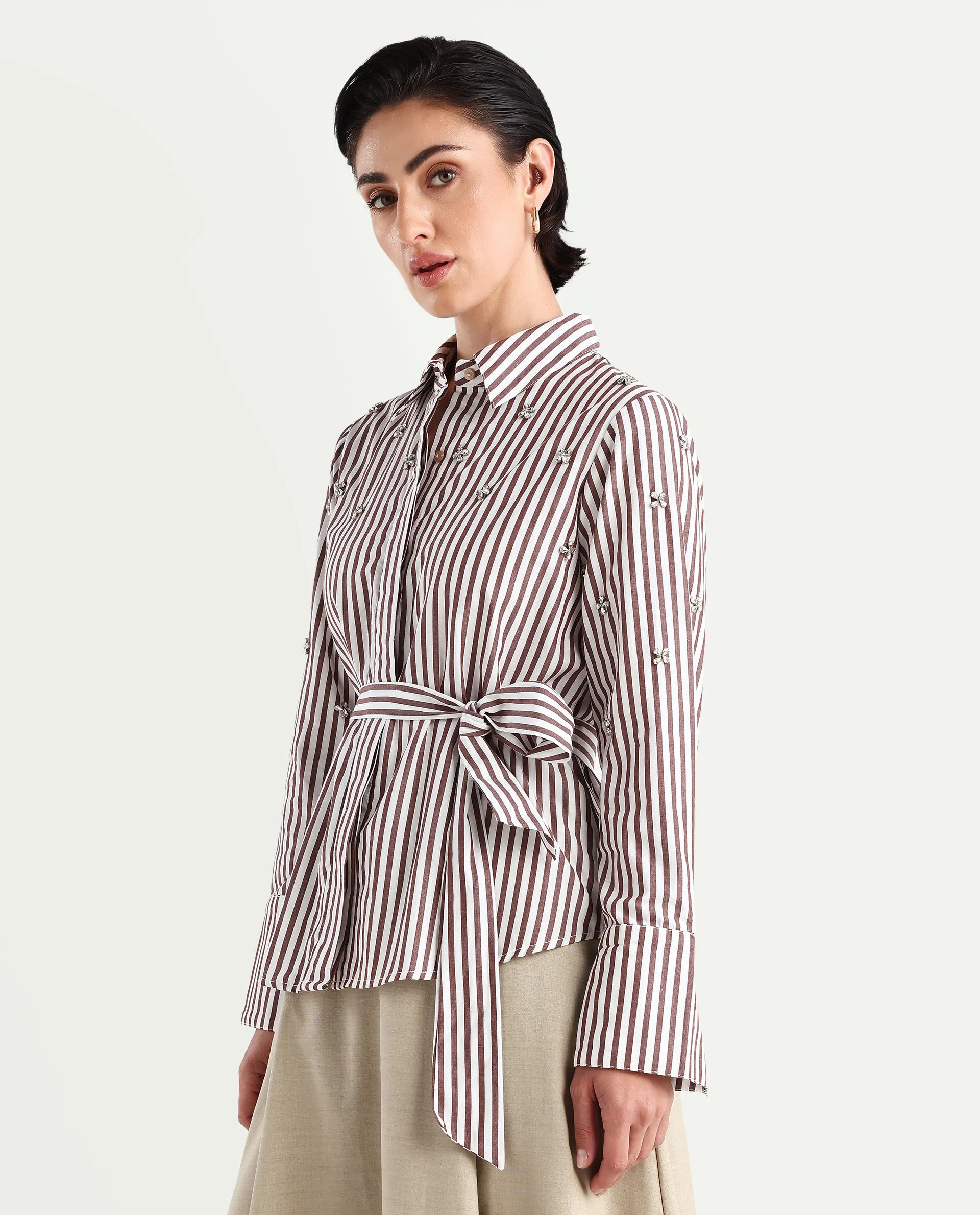 Rareism Women's Fitto Rust Cotton Drop Collar Striped Cuffed Sleeve Regular Fit Shirt