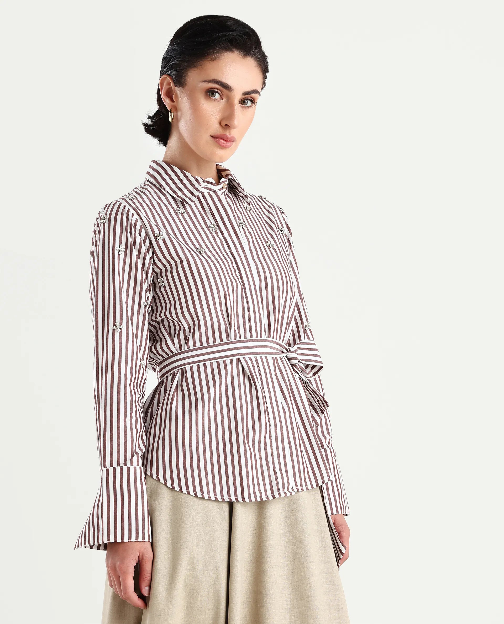 Rareism Women's Fitto Rust Cotton Drop Collar Striped Cuffed Sleeve Regular Fit Shirt