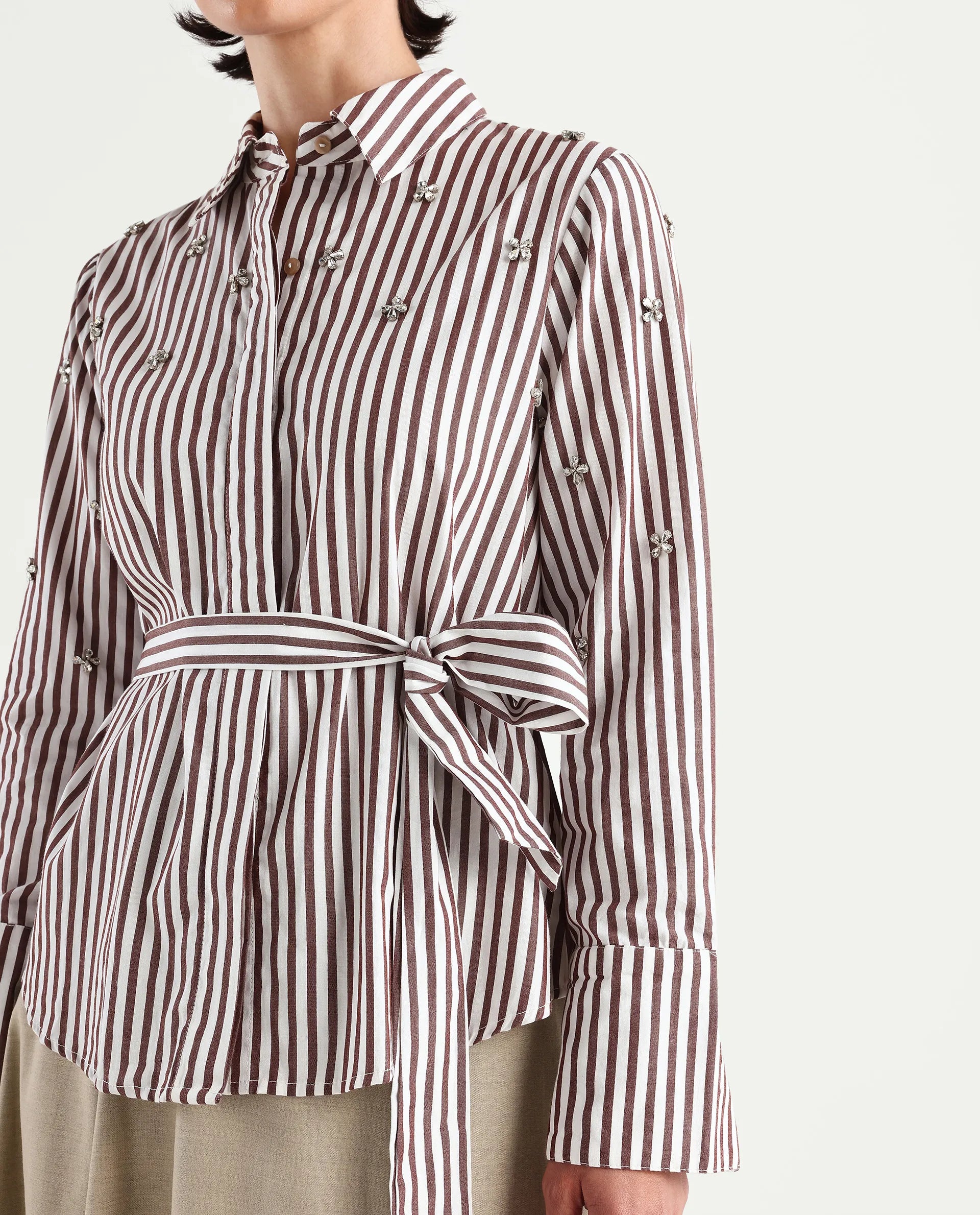 Rareism Women's Fitto Rust Cotton Drop Collar Striped Cuffed Sleeve Regular Fit Shirt
