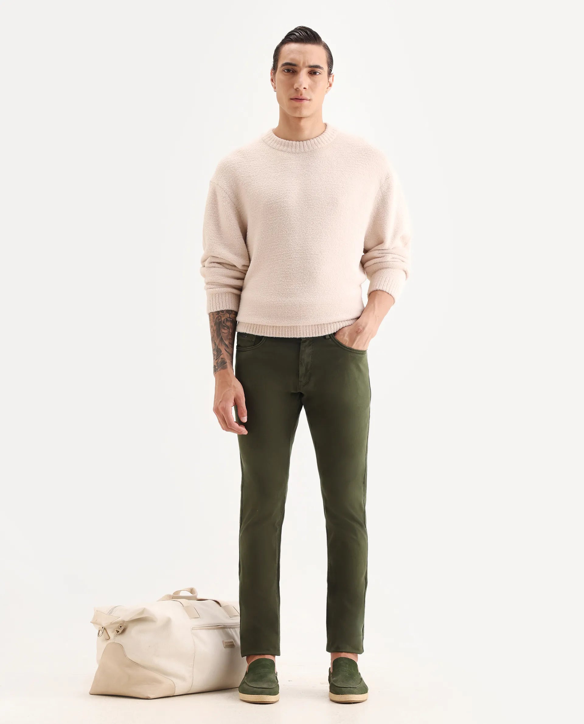 Rare Rabbit Men's Fiv5 Olive Cotton Plain Slim Fit Trouser