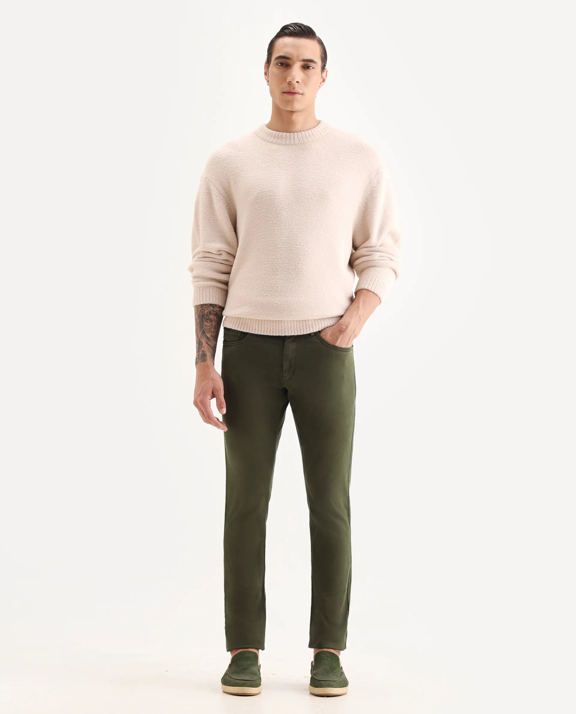 Rare Rabbit Men's Fiv5 Olive Cotton Plain Slim Fit Trouser