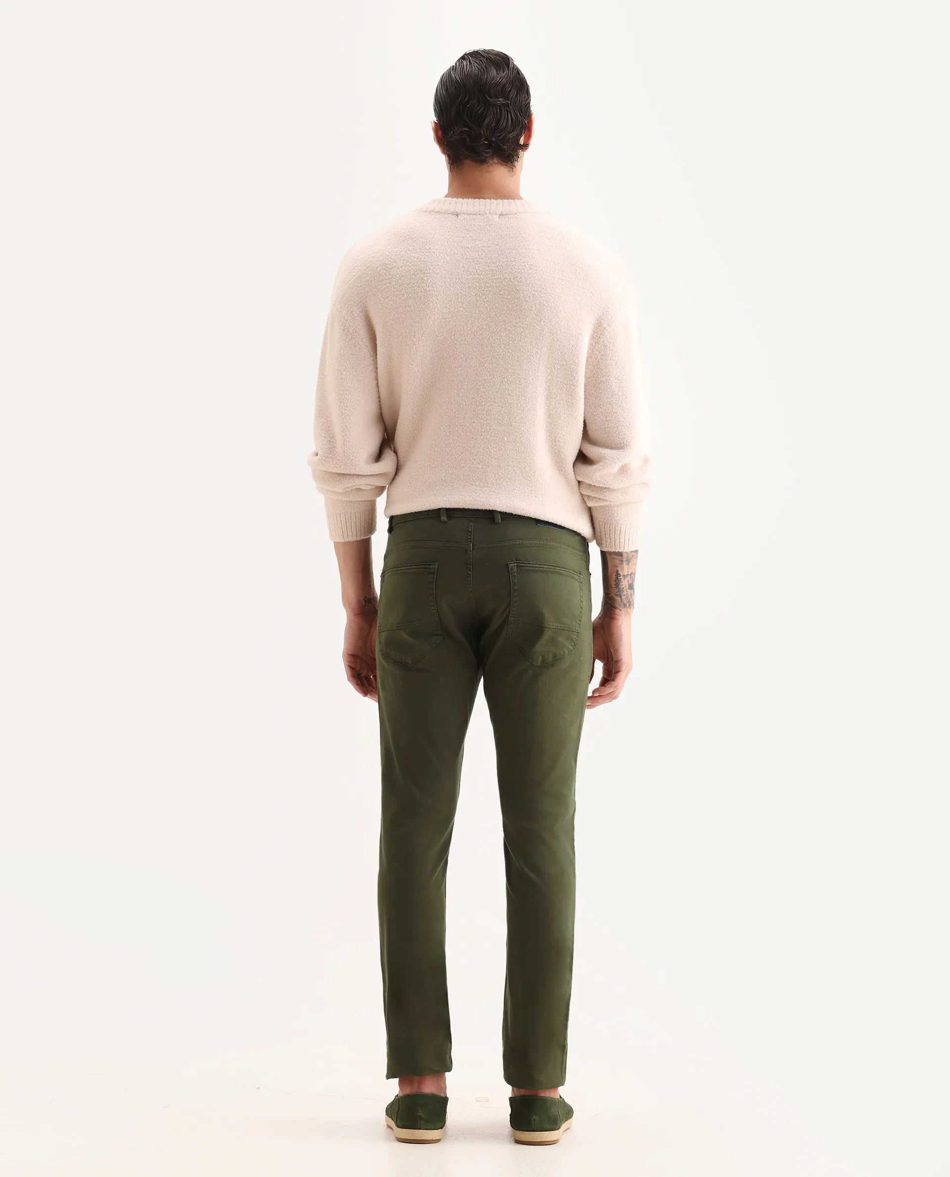 Rare Rabbit Men's Fiv5 Olive Cotton Plain Slim Fit Trouser